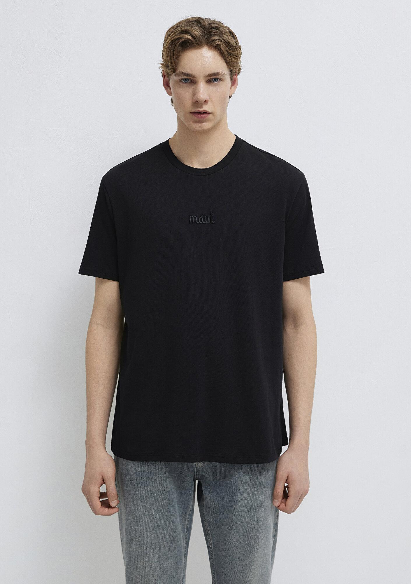 Mavi Mavi Nakışlı Siyah Basic Tişört Loose Fit / Bol Rahat Kesim 0610100-900