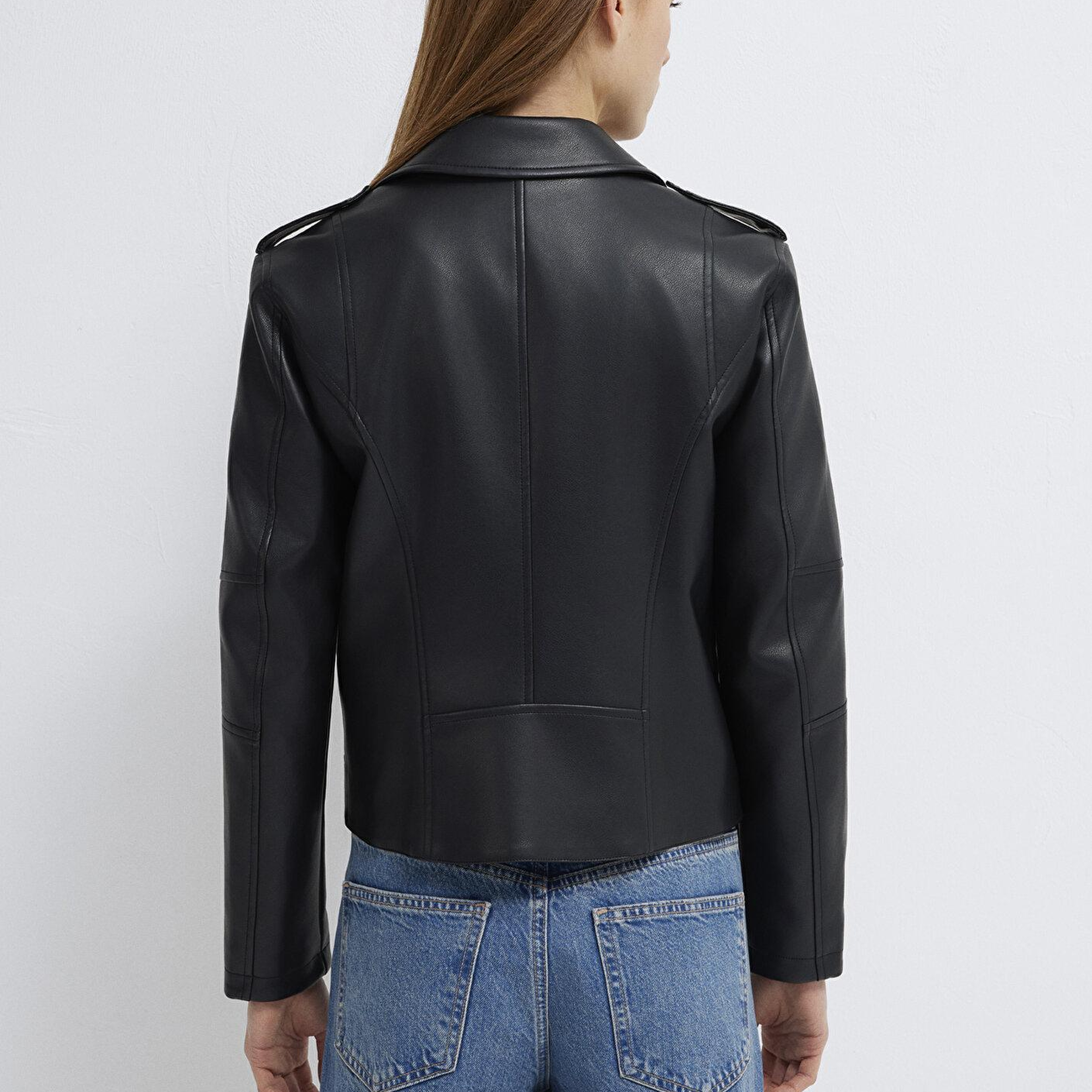 Mavi Biker Yaka Siyah Suni Deri Ceket Fitted / Vücuda Oturan Kesim 1110221-900