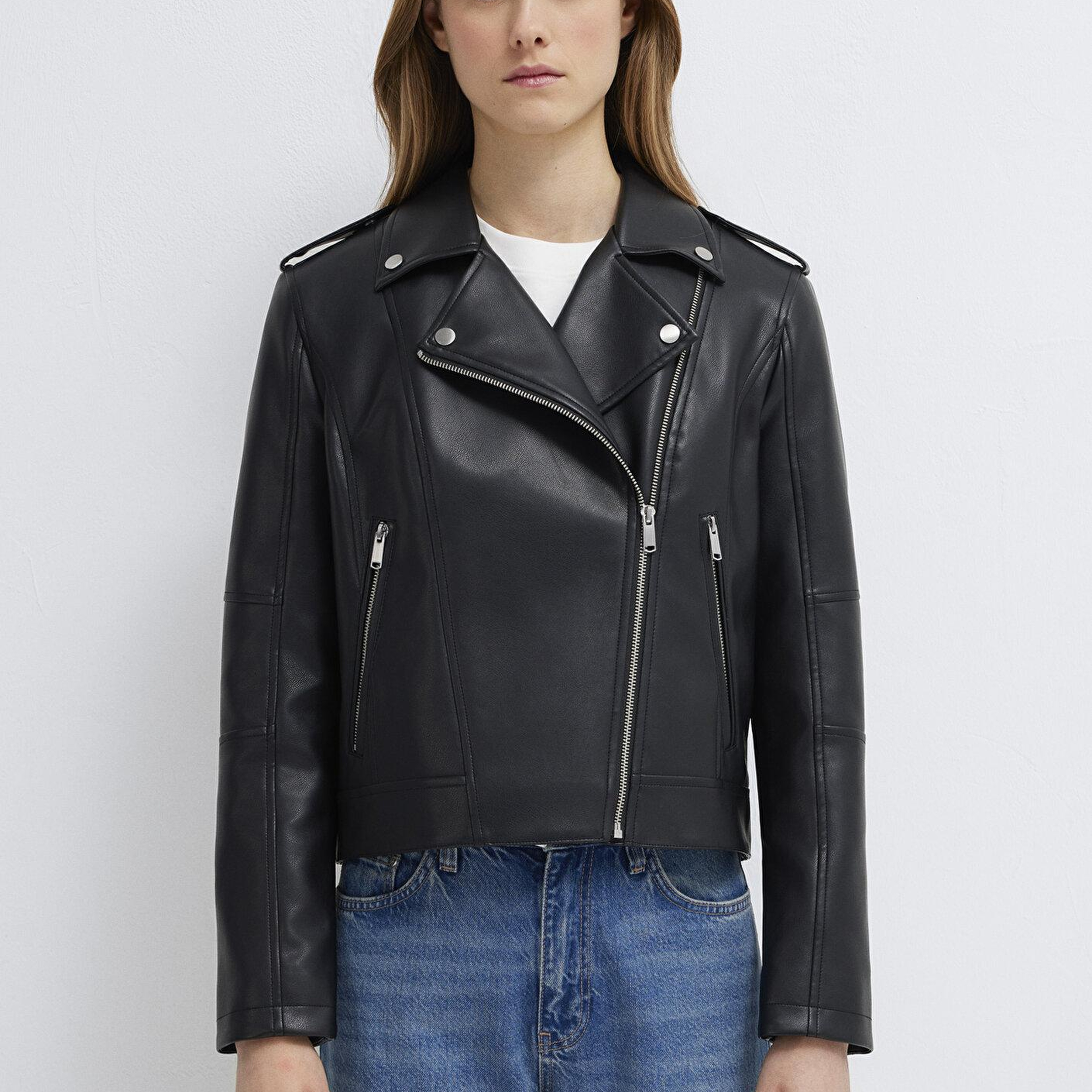 Mavi Biker Yaka Siyah Suni Deri Ceket Fitted / Vücuda Oturan Kesim 1110221-900