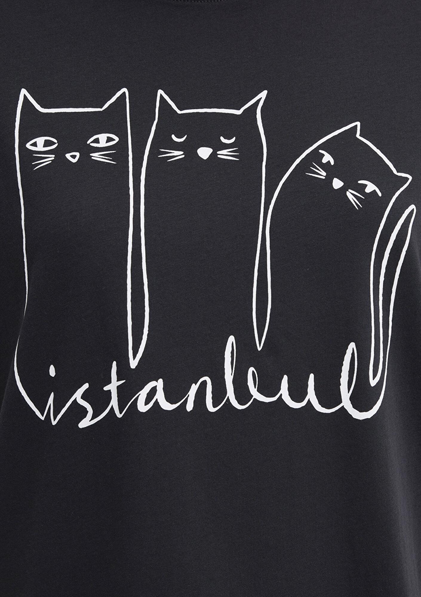 Mavi Kedi Baskılı Antrasit İstanbul Tişört Regular Fit / Normal Kesim 1610674-70087