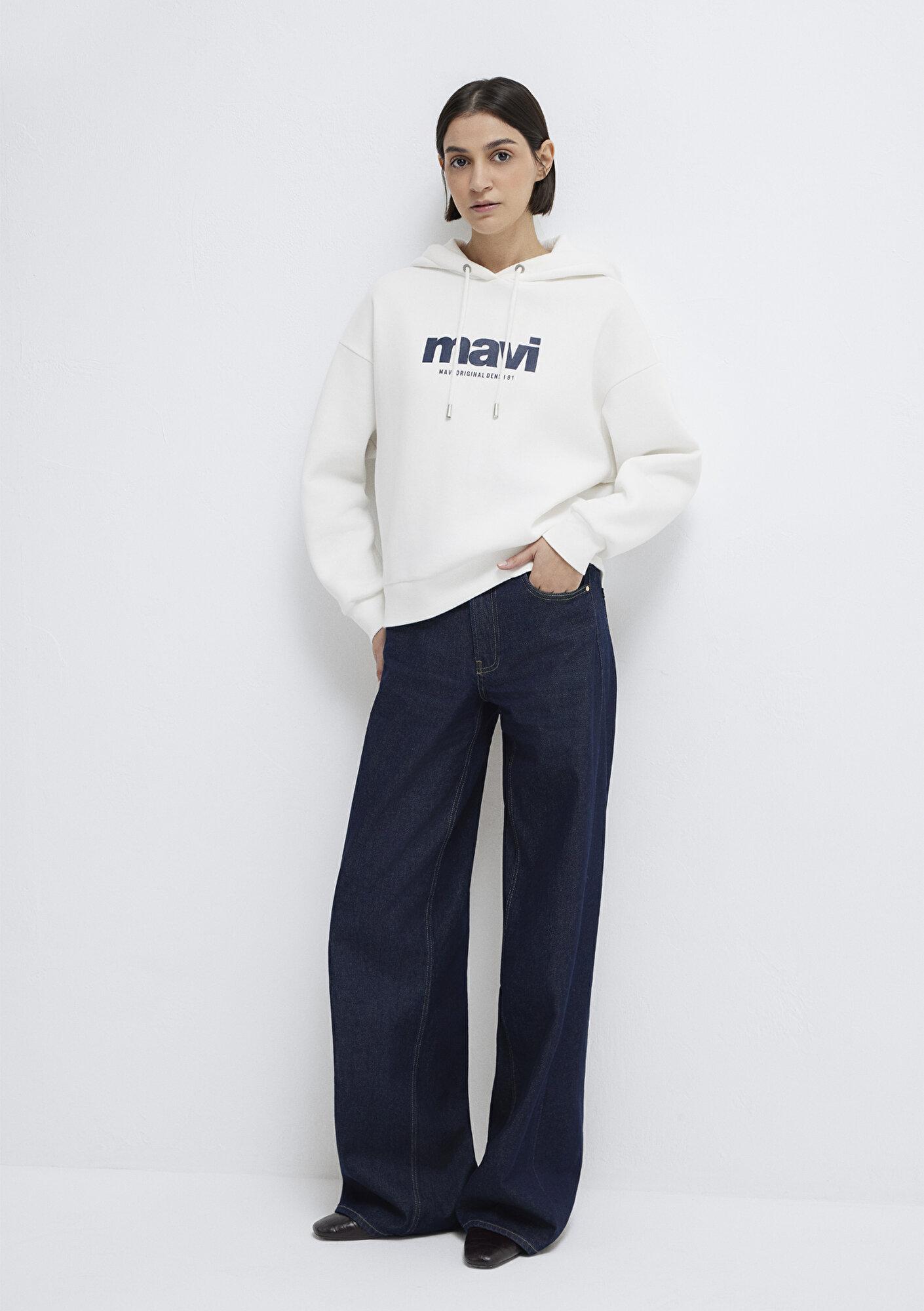Mavi Mavi Logo Baskılı Kapüşonlu Ekru Sweatshirt 168334-81964