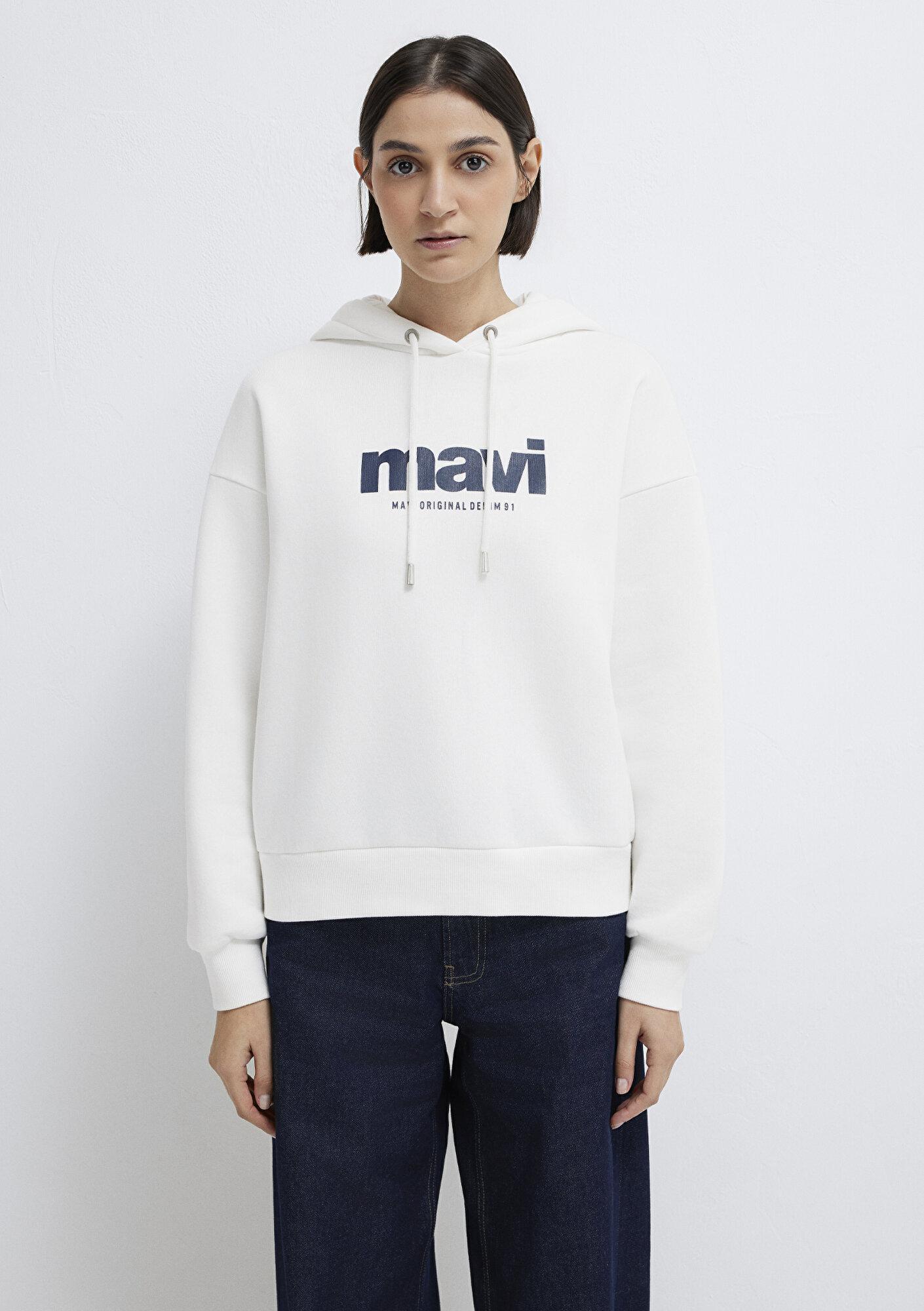 Mavi Mavi Logo Baskılı Kapüşonlu Ekru Sweatshirt 168334-81964
