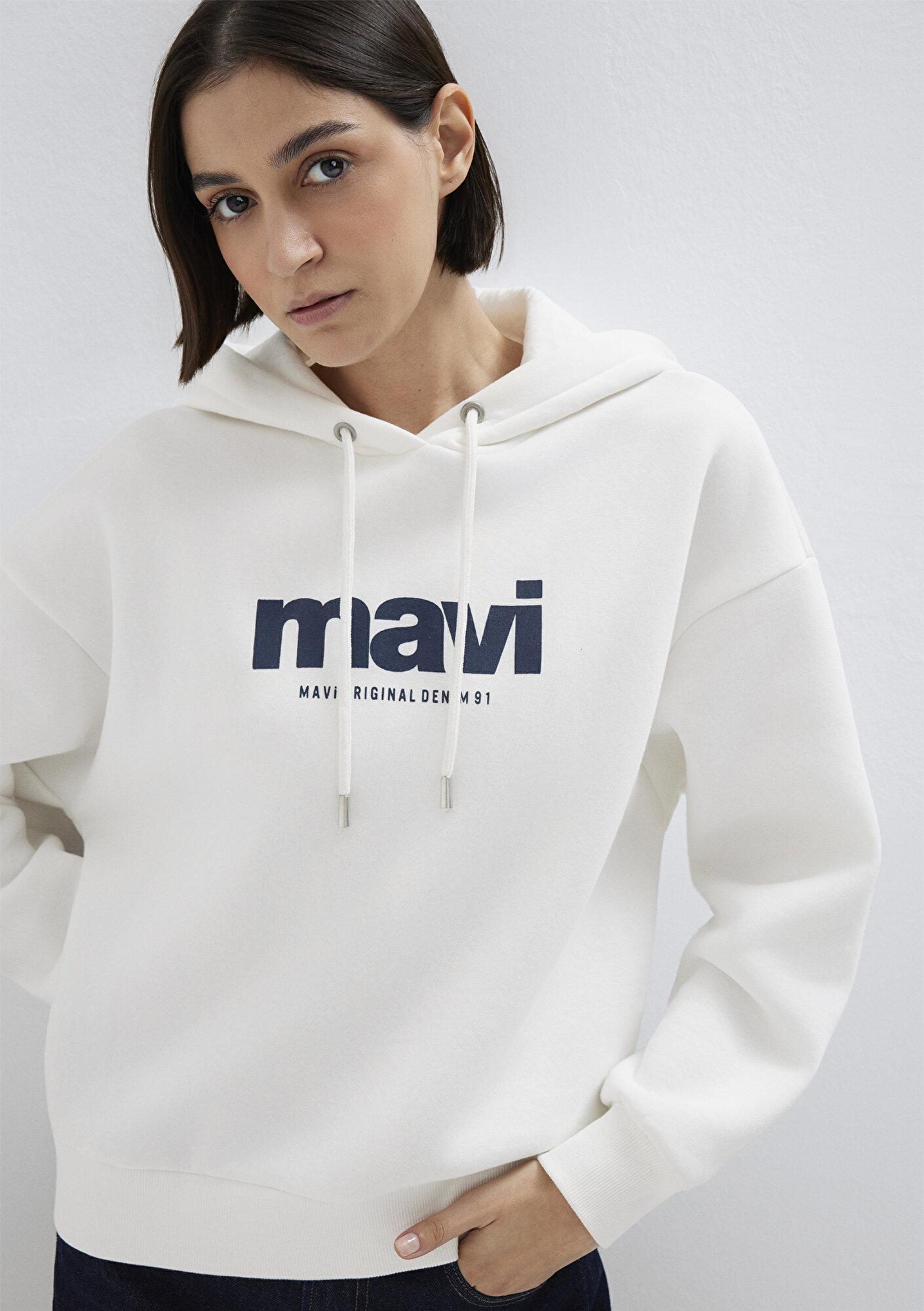 Mavi Mavi Logo Baskılı Kapüşonlu Ekru Sweatshirt 168334-81964