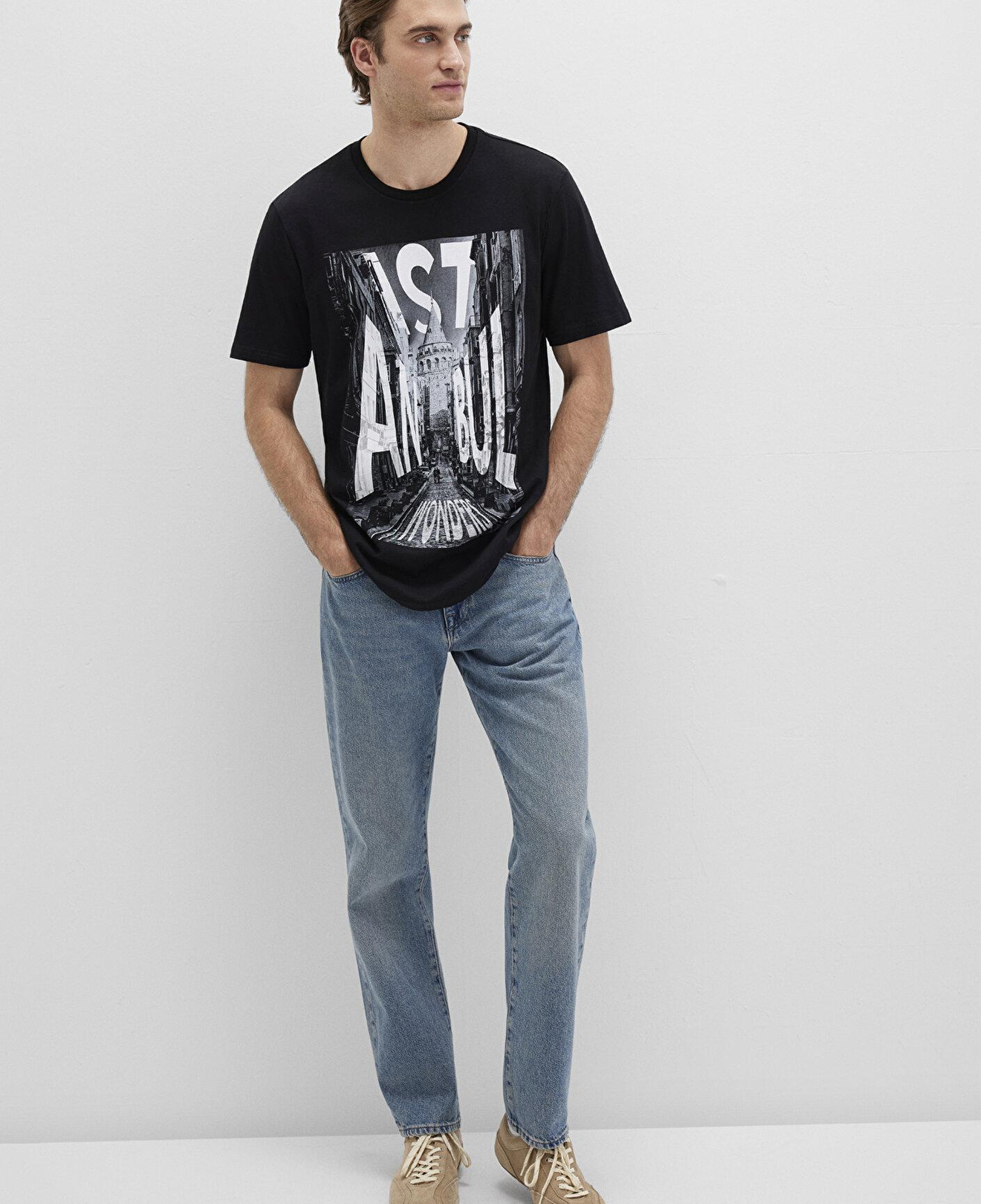 Mavi İstanbul Galata Baskılı Siyah Tişört Slim Fit / Dar Kesim 067053-900
