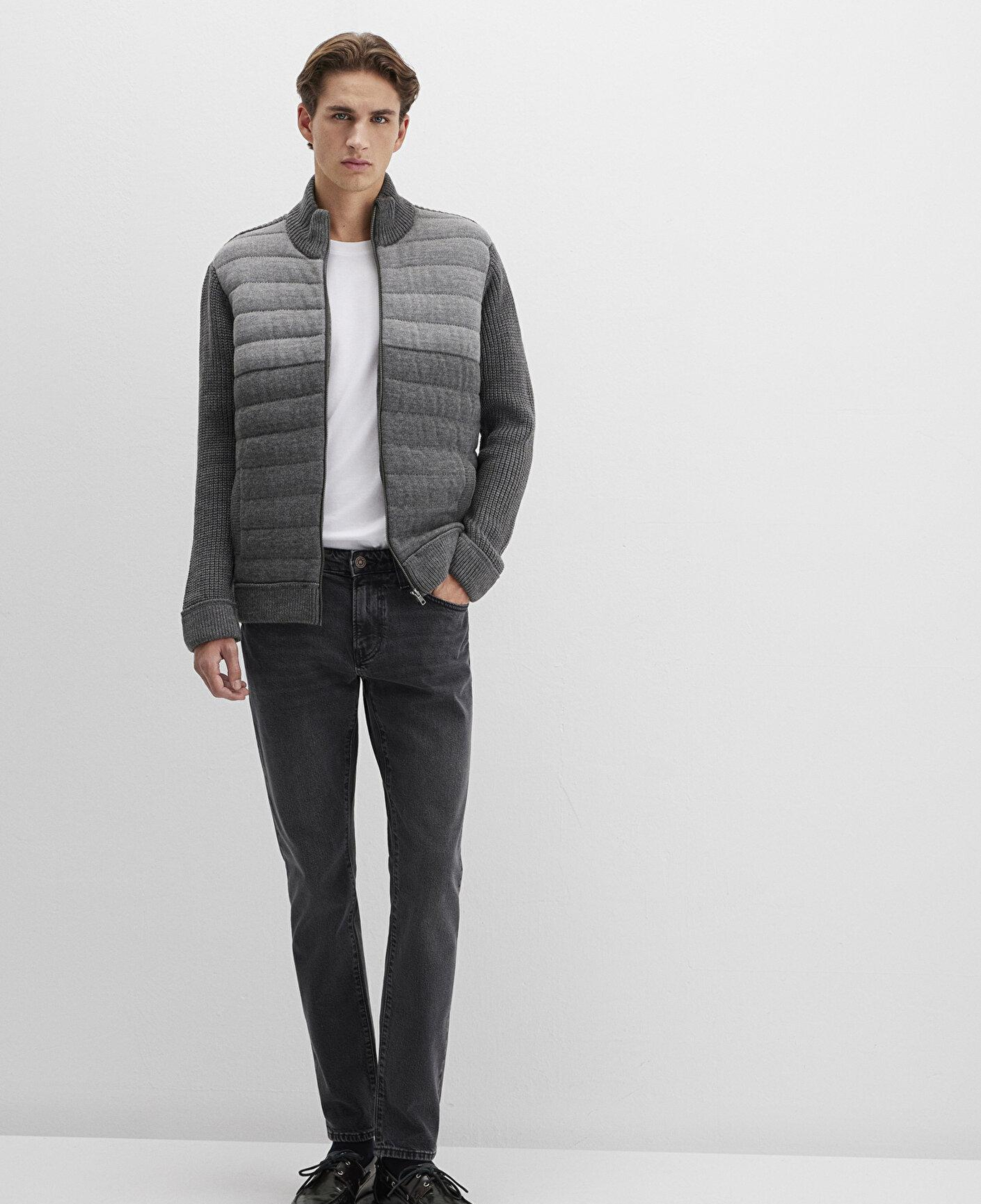 Mavi Fermuarlı Gri Triko Hırka Slim Fit / Dar Kesim 070804-34686