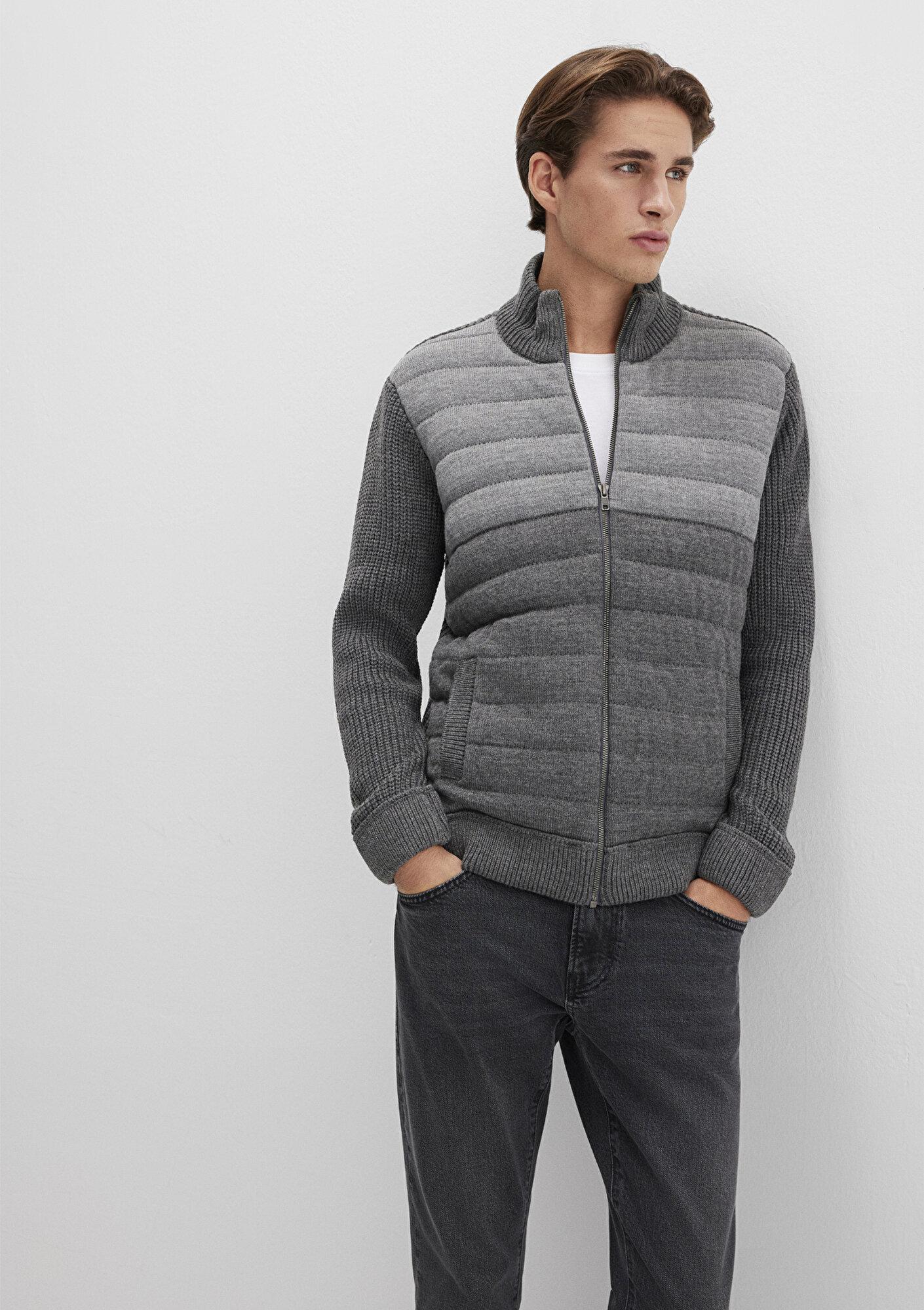 Mavi Fermuarlı Gri Triko Hırka Slim Fit / Dar Kesim 070804-34686