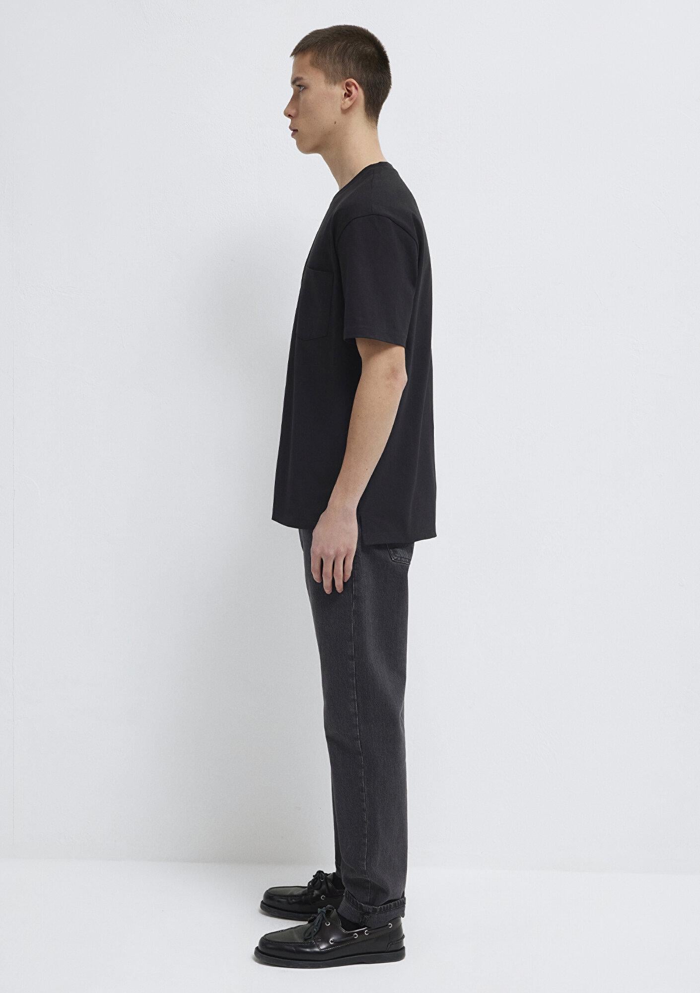 Mavi Cep Detaylı Siyah Basic Tişört Loose Fit / Bol Rahat Kesim 066248-900
