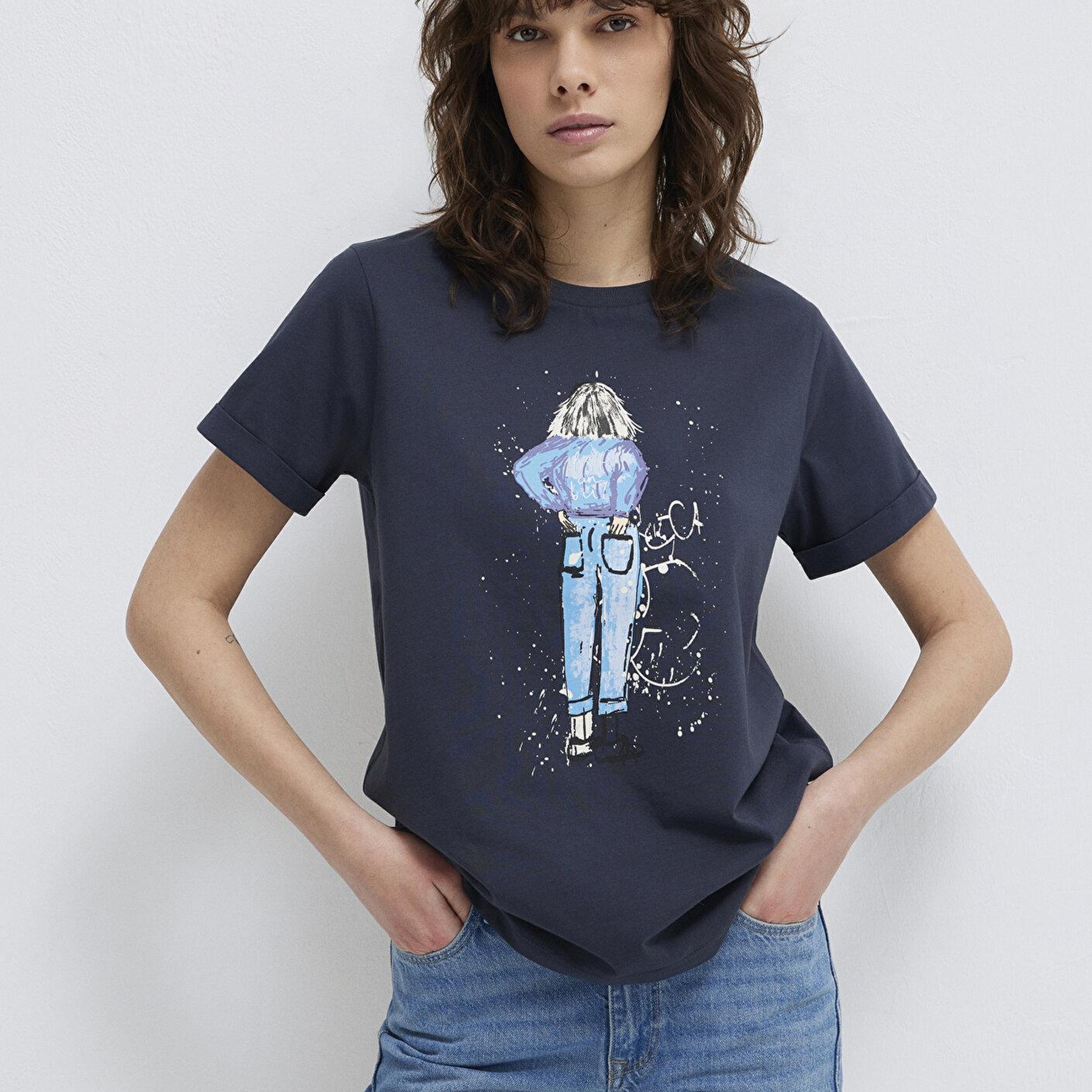 Mavi Denim Kız Baskılı Antrasit İstanbul Tişört Regular Fit / Normal Kesim 168890-29726