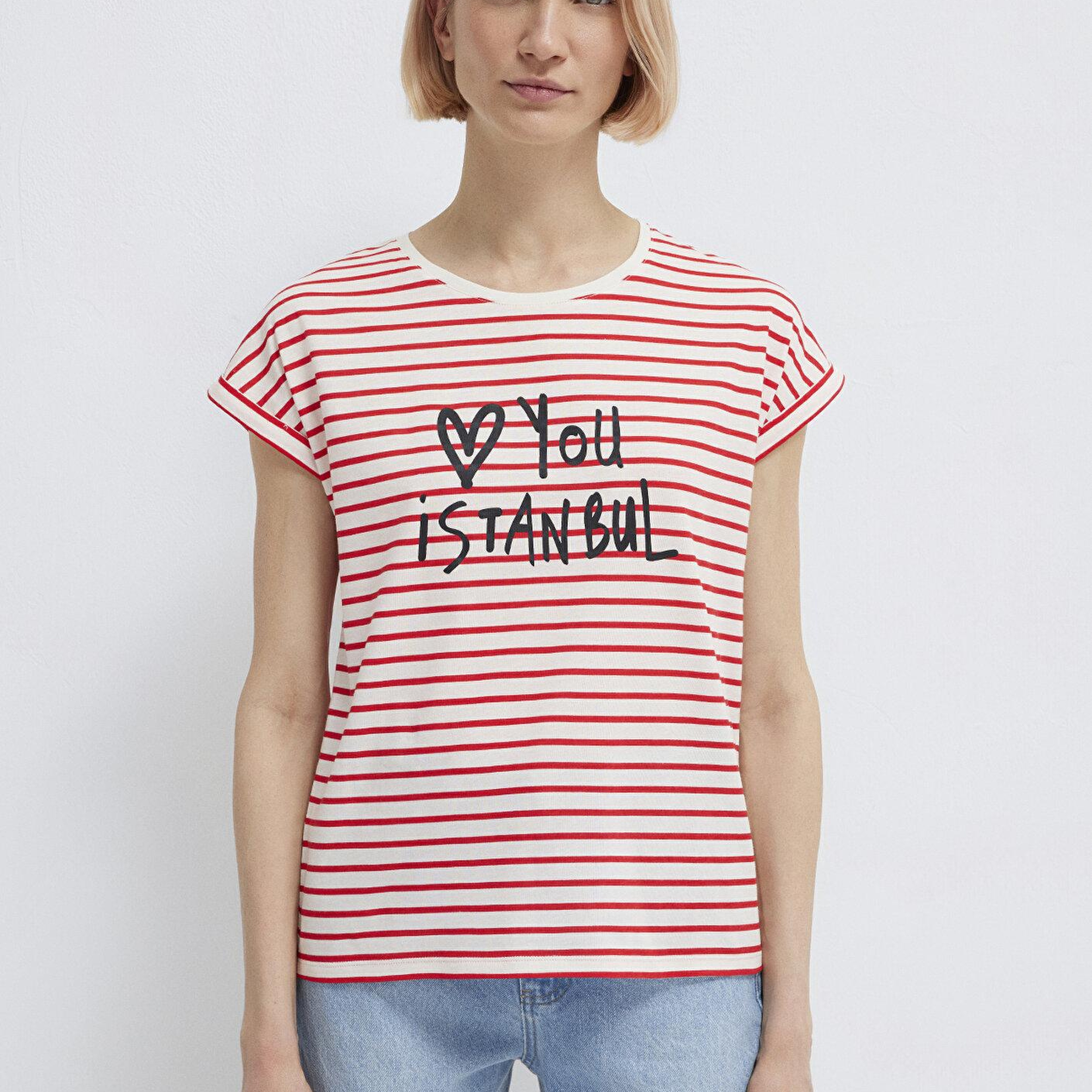 Mavi Love You Baskılı Çizgili Istanbul Tişört Regular Fit / Normal Kesim 167986-26829