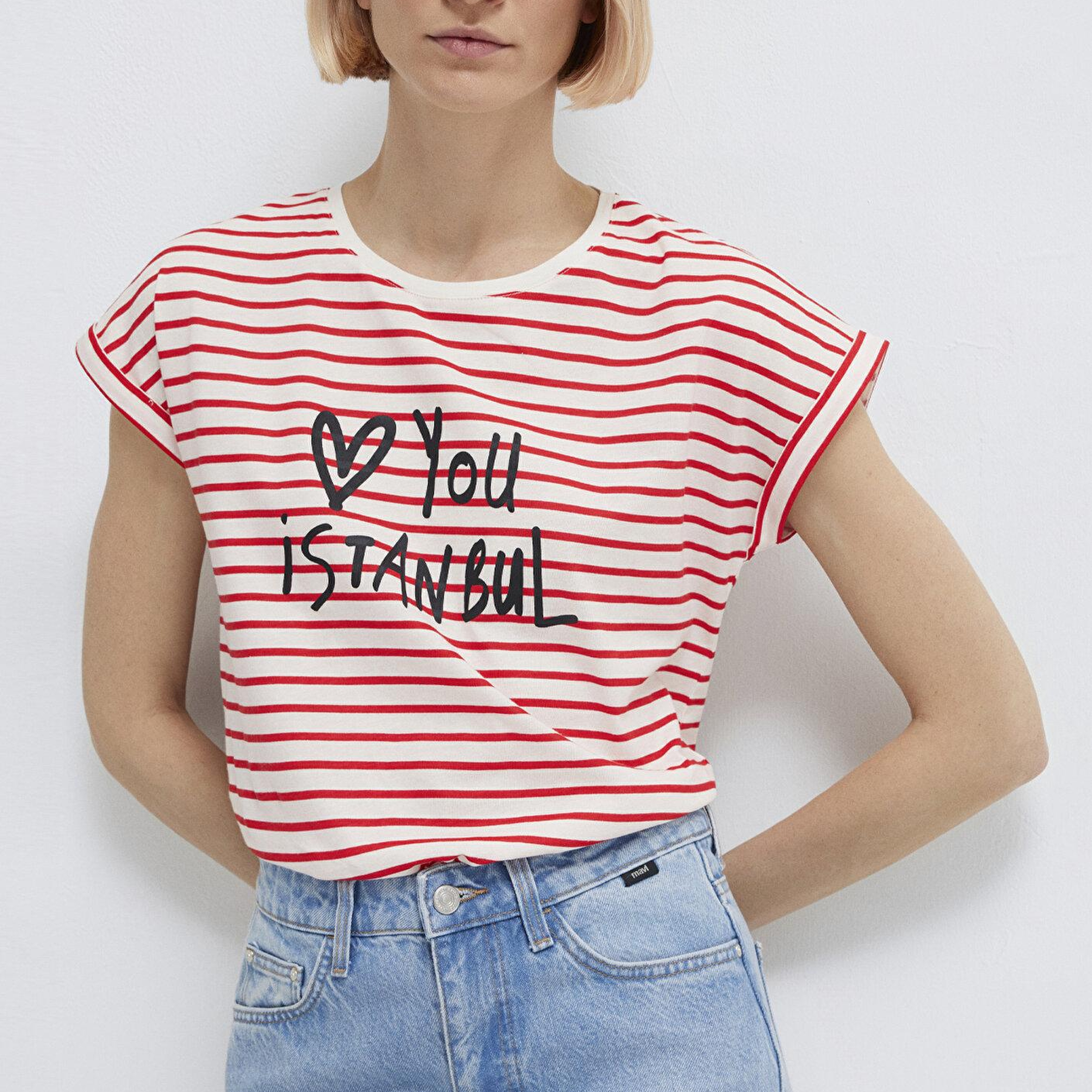 Mavi Love You Baskılı Çizgili Istanbul Tişört Regular Fit / Normal Kesim 167986-26829