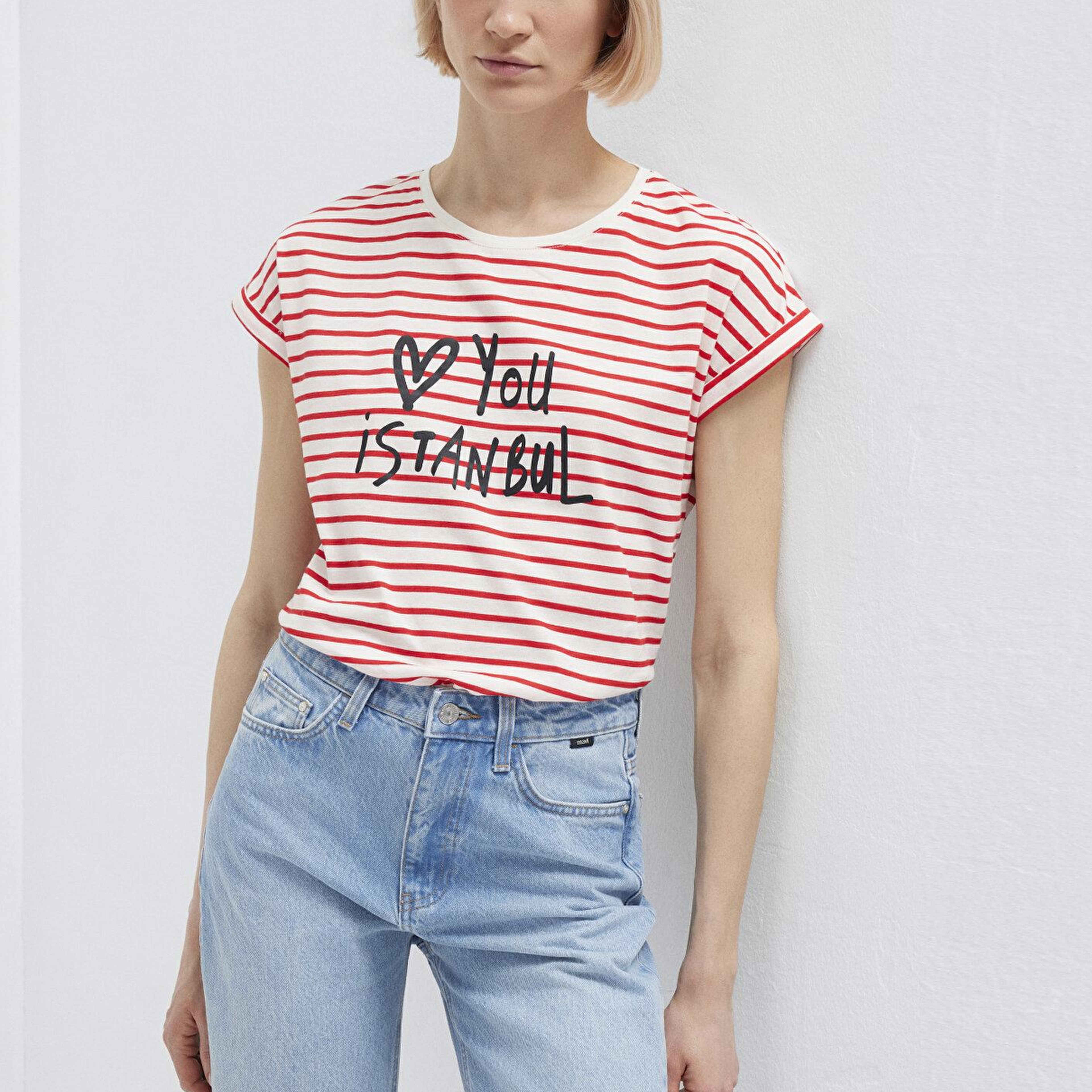 Mavi Love You Baskılı Çizgili Istanbul Tişört Regular Fit / Normal Kesim 167986-26829