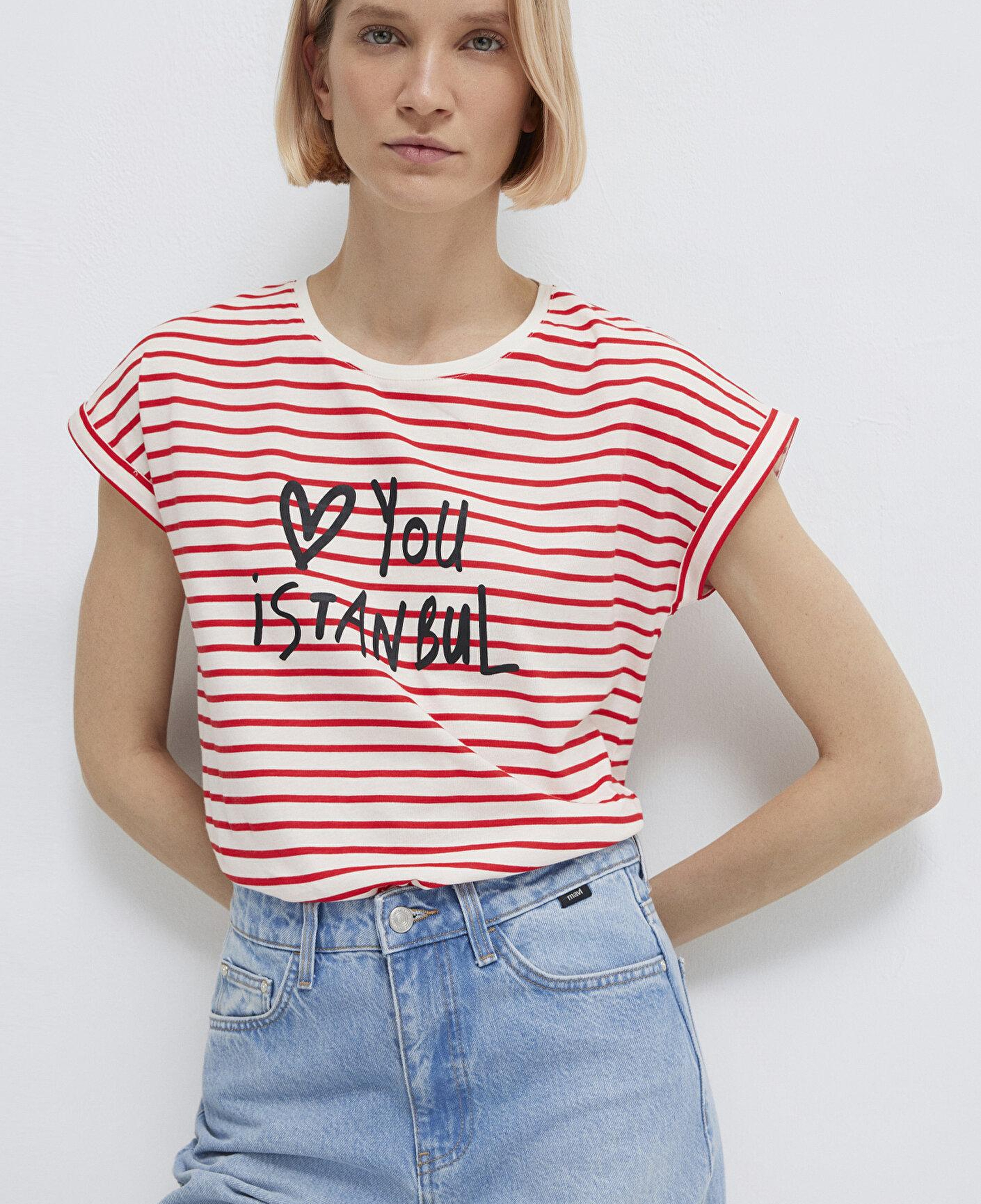 Mavi Love You Baskılı Çizgili Istanbul Tişört Regular Fit / Normal Kesim 167986-26829