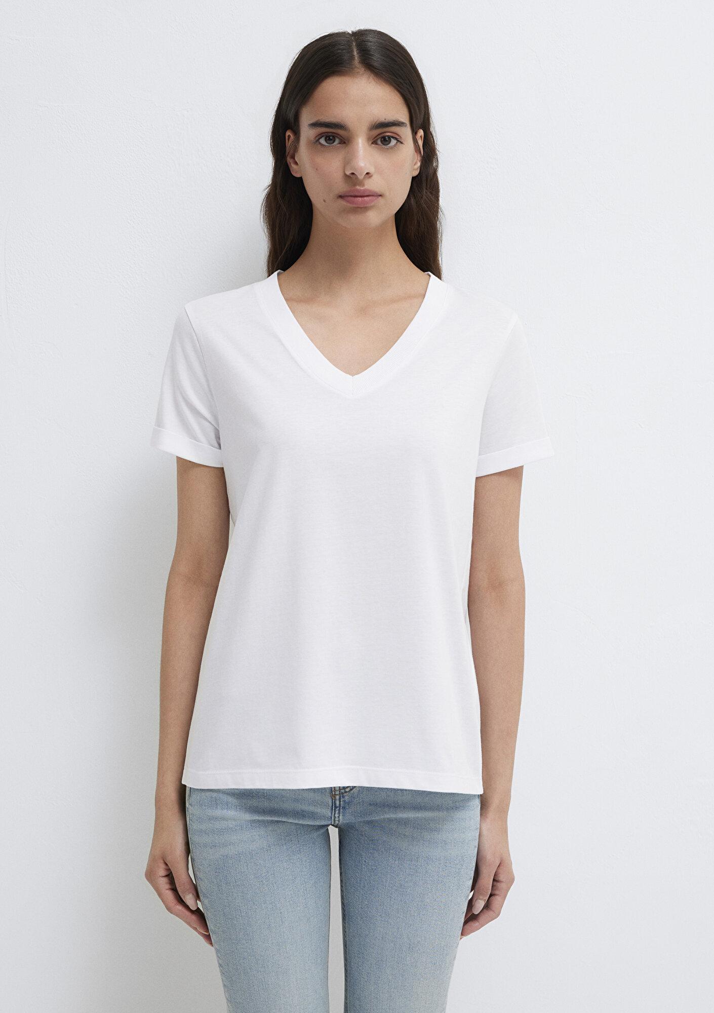 Mavi V Yaka Beyaz Basic Tişört Regular Fit / Normal Kesim 166248-620