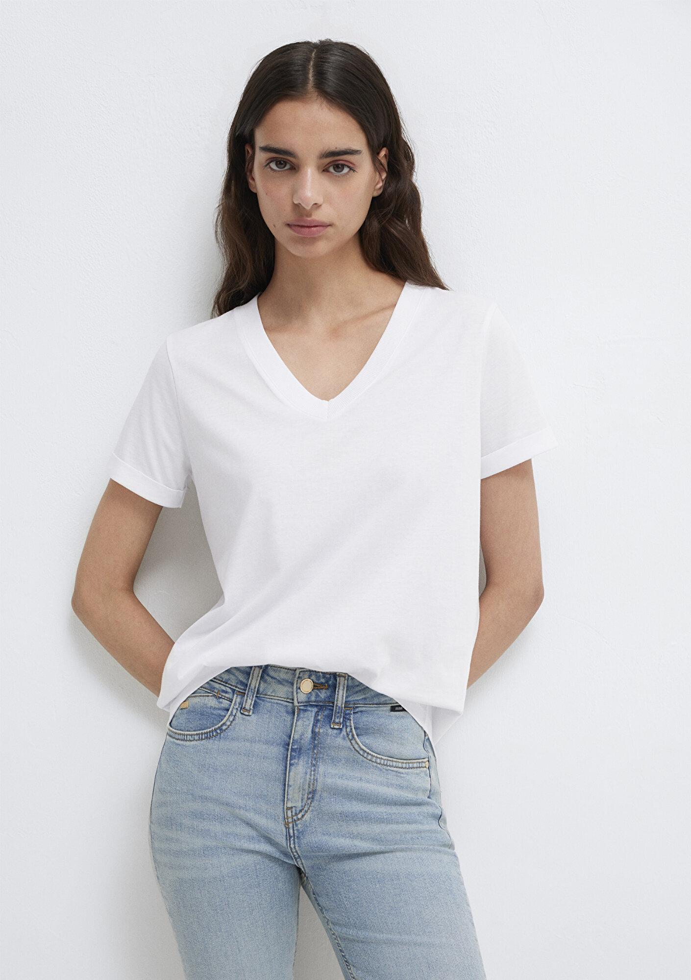 Mavi V Yaka Beyaz Basic Tişört Regular Fit / Normal Kesim 166248-620