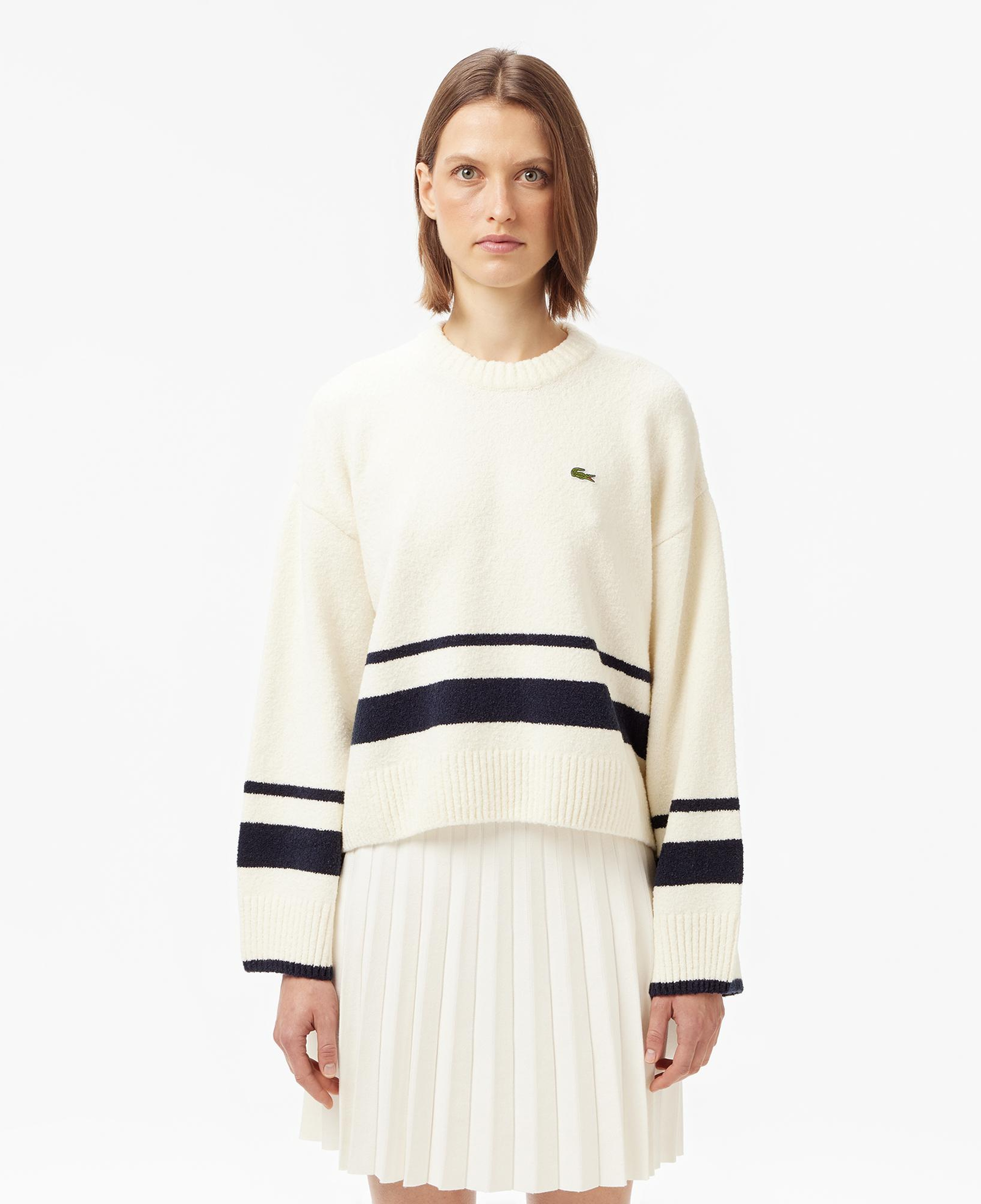 Lacoste Kadın Loose Fit Bisiklet Yaka Çizgili Krem Kazak