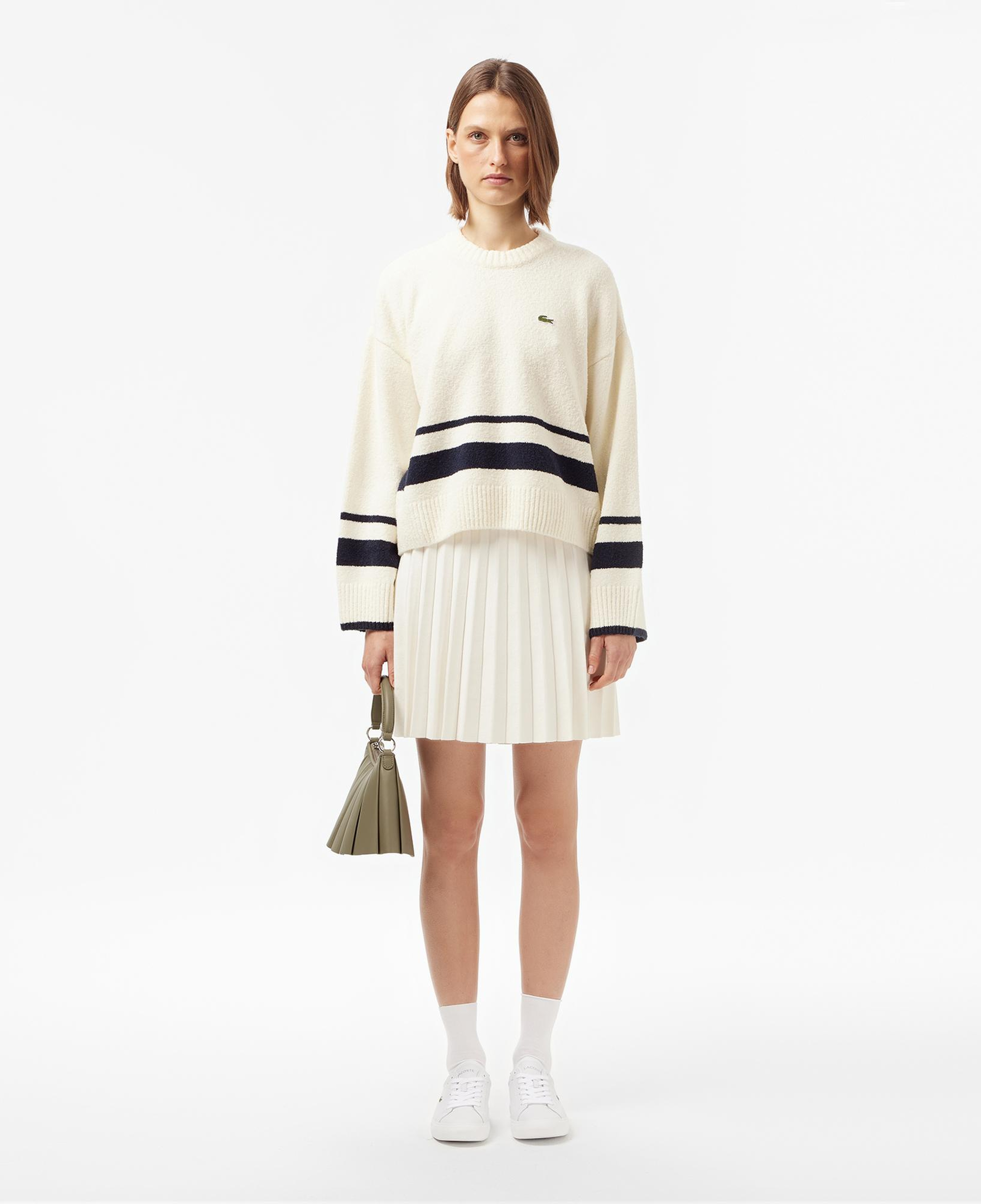 Lacoste Kadın Loose Fit Bisiklet Yaka Çizgili Krem Kazak