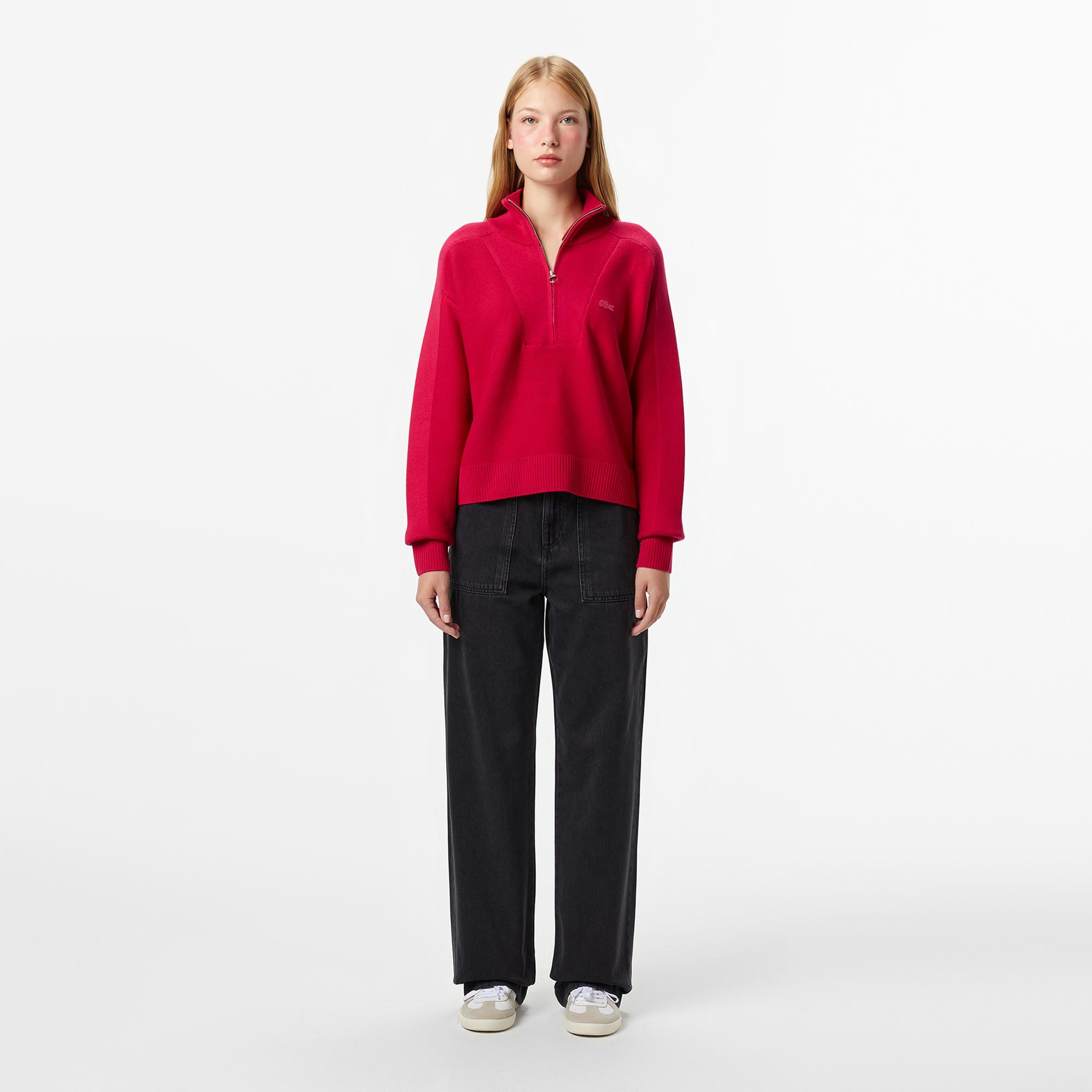 Lacoste Kadın Classic Fit Yarım Fermuarlı Kırmızı Kazak