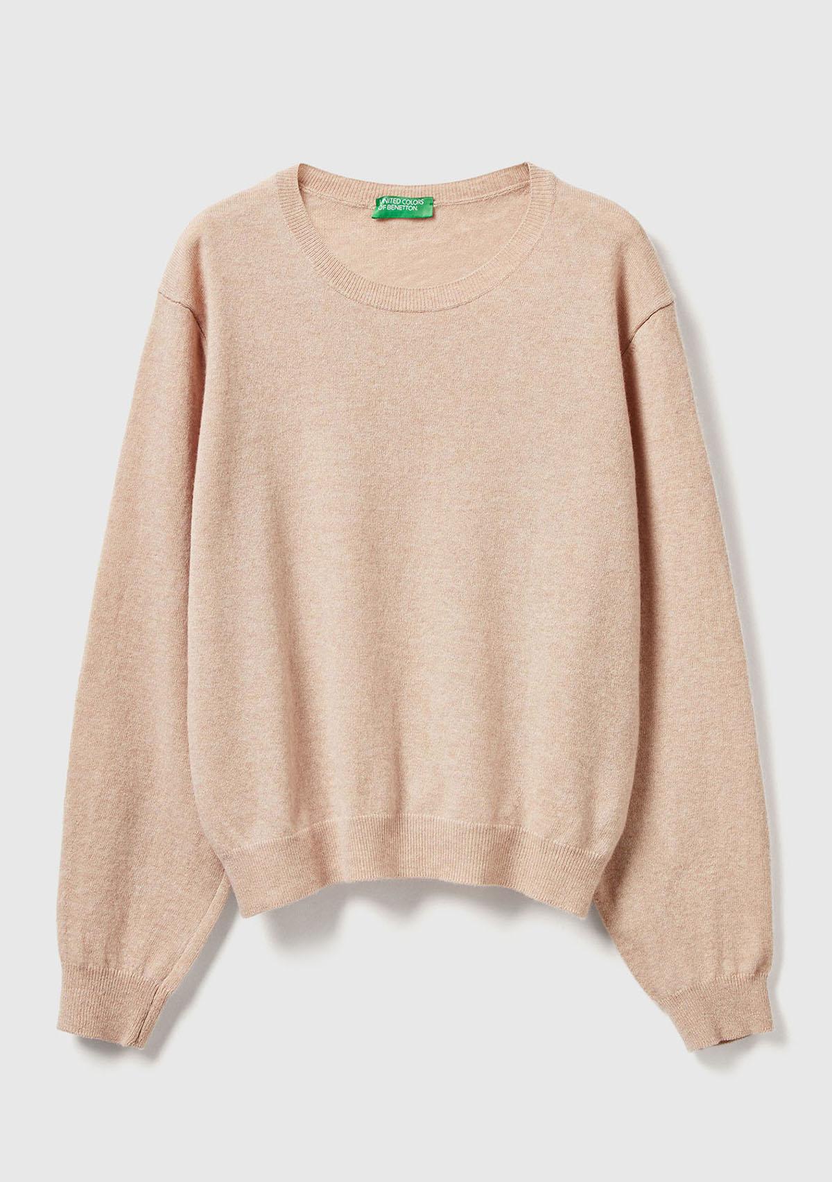 Kadın Ekru %100 Merino Ribana Detaylı Bisiklet Yaka Kazak