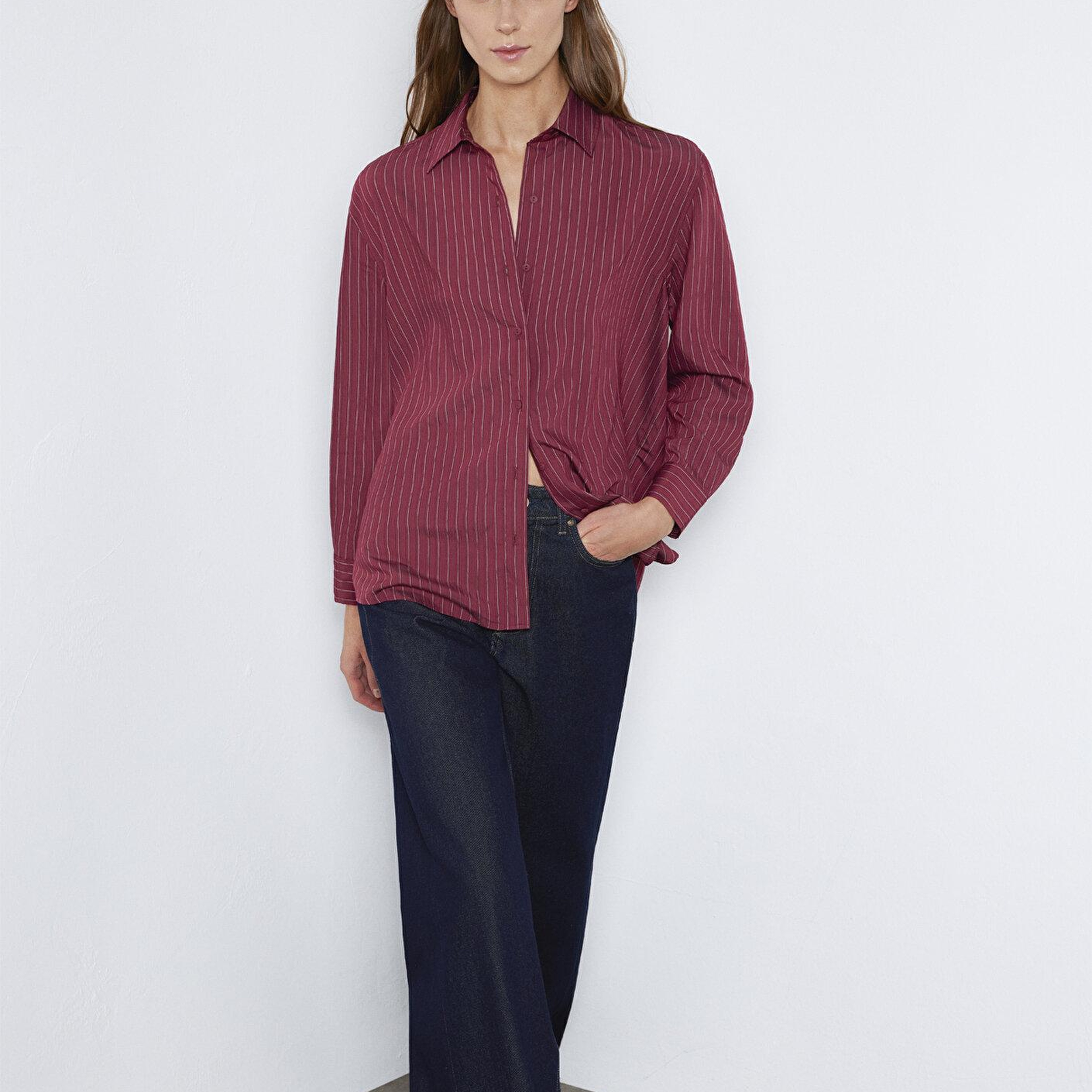 Mavi Çizgili Bordo Gömlek Loose Fit / Bol Rahat Kesim 1210683-91379