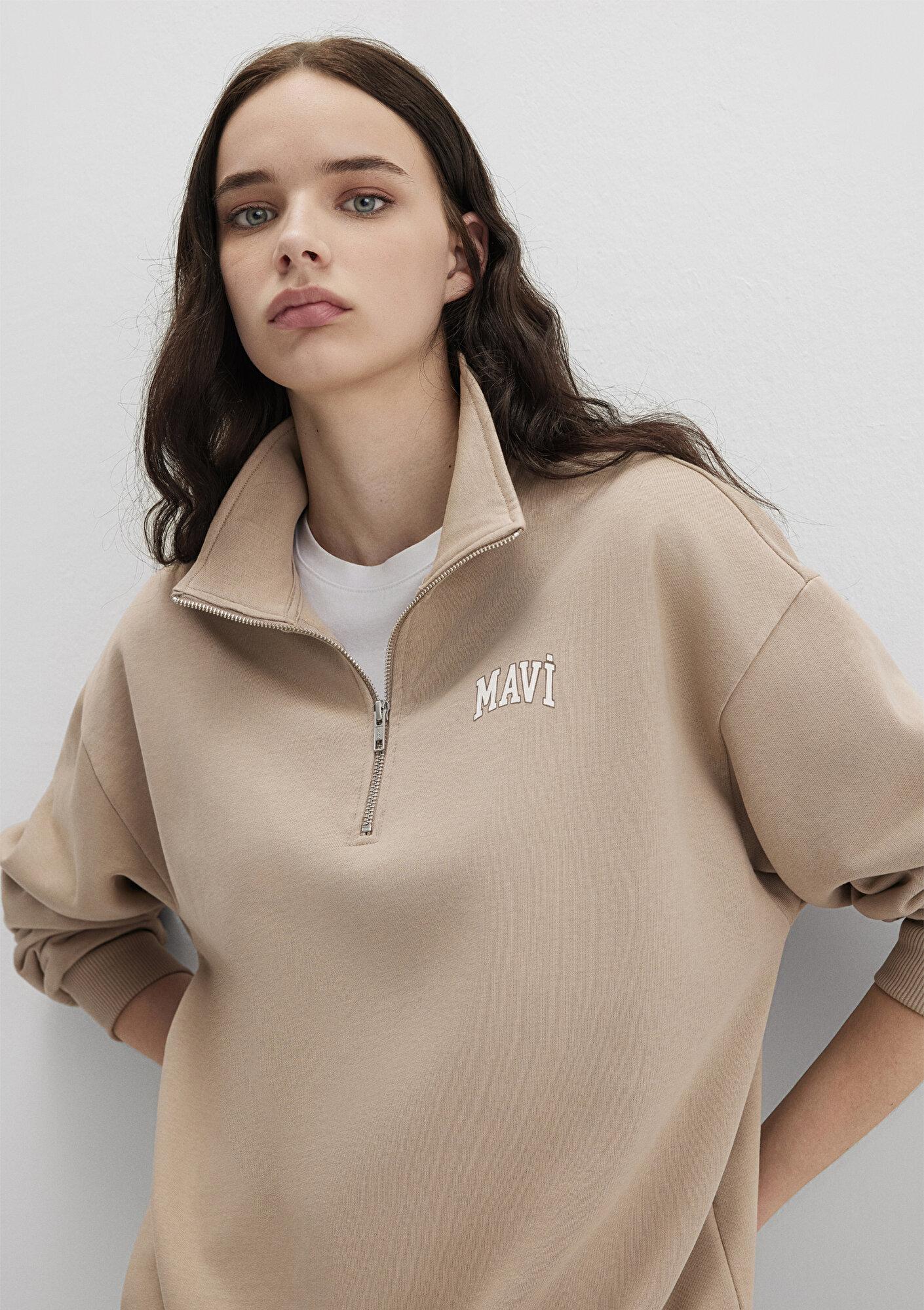 Mavi Mavi Logo Baskılı Bej Sweatshirt 1S10179-70344