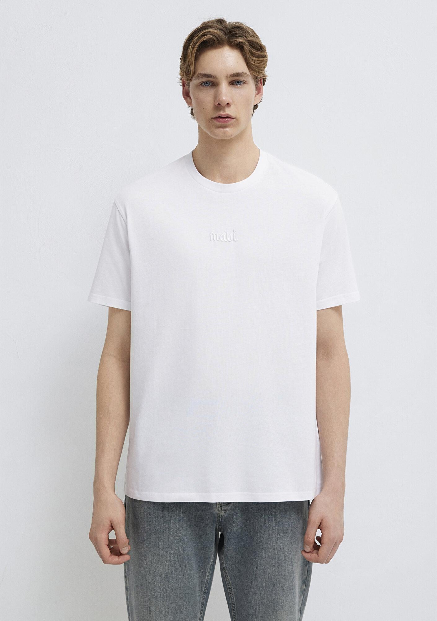 Mavi Mavi Nakışlı Beyaz Basic Tişört Loose Fit / Bol Rahat Kesim 0610100-620