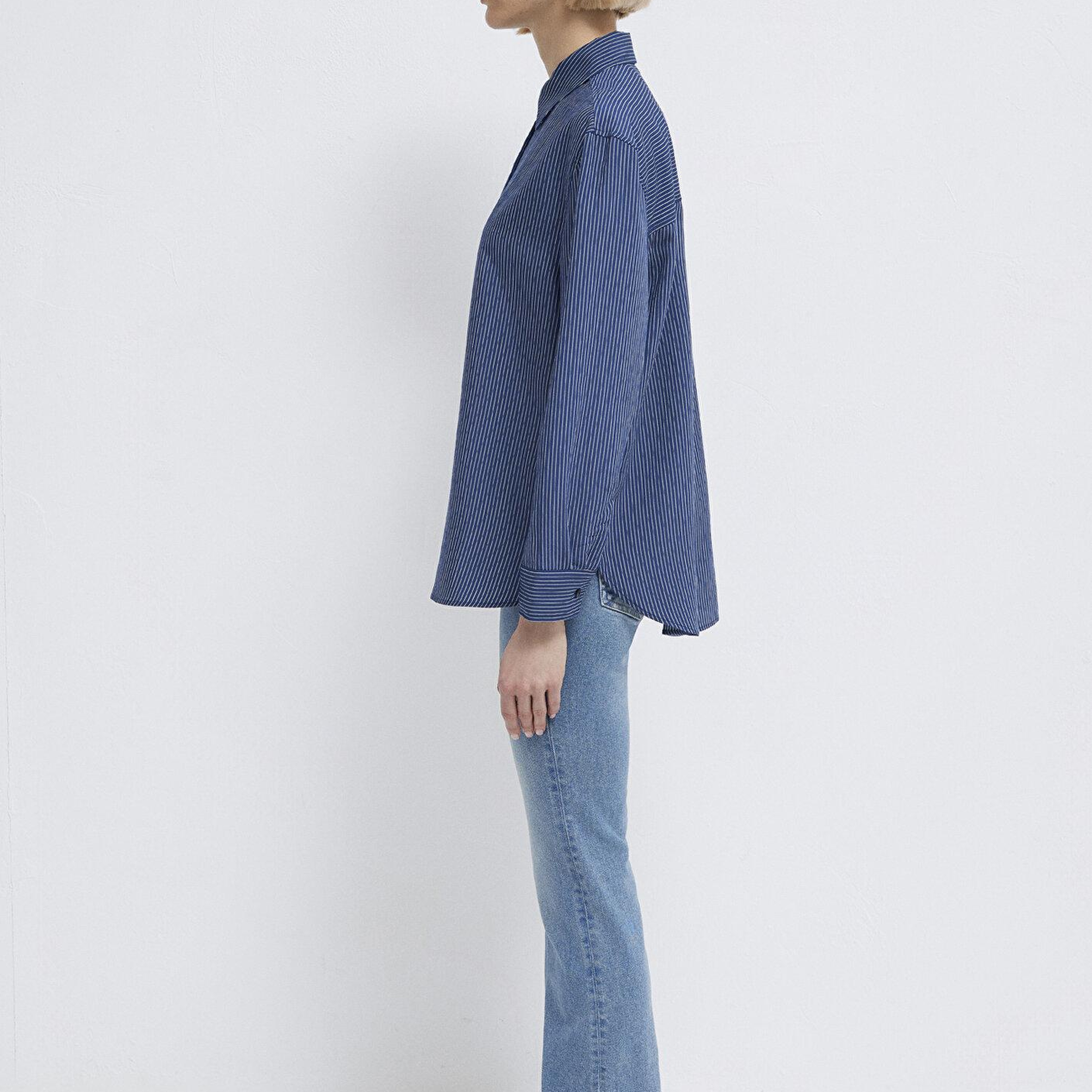 Mavi Çizgili Lacivert Gömlek Loose Fit / Bol Rahat Kesim 1210683-80736