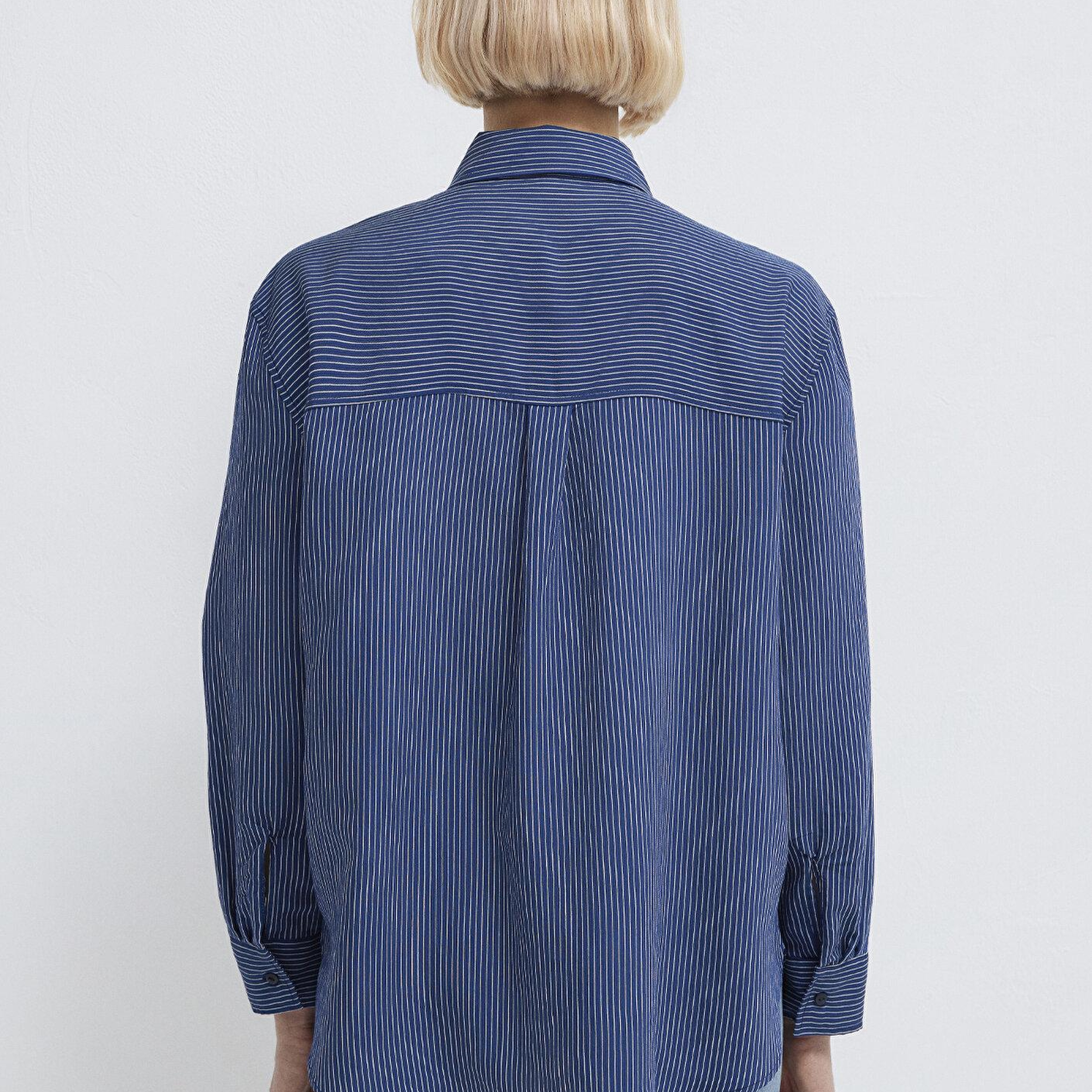 Mavi Çizgili Lacivert Gömlek Loose Fit / Bol Rahat Kesim 1210683-80736