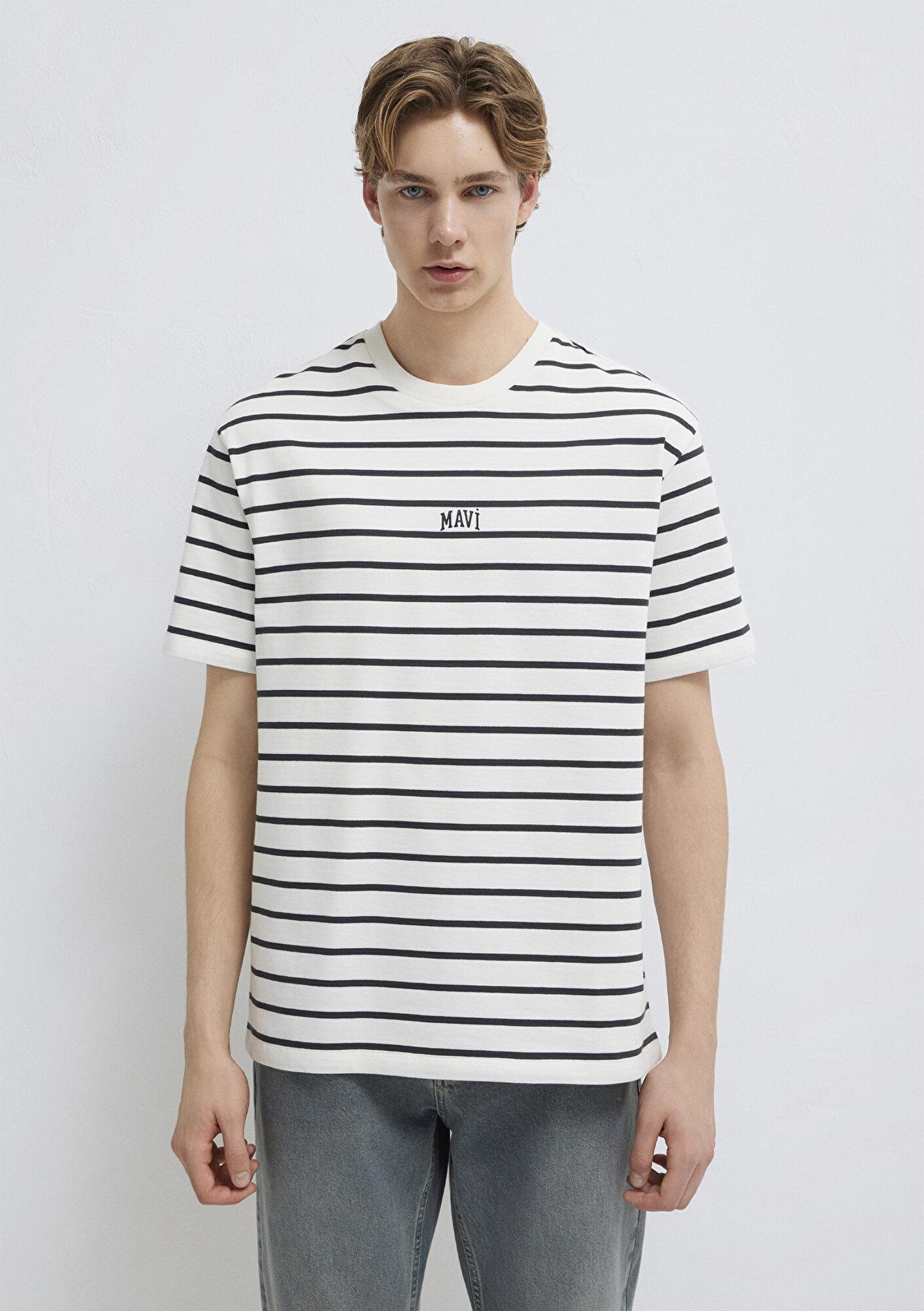 Mavi Mavi Logo Baskılı Çizgili Beyaz Tişört Loose Fit / Bol Rahat Kesim 0612420-86678