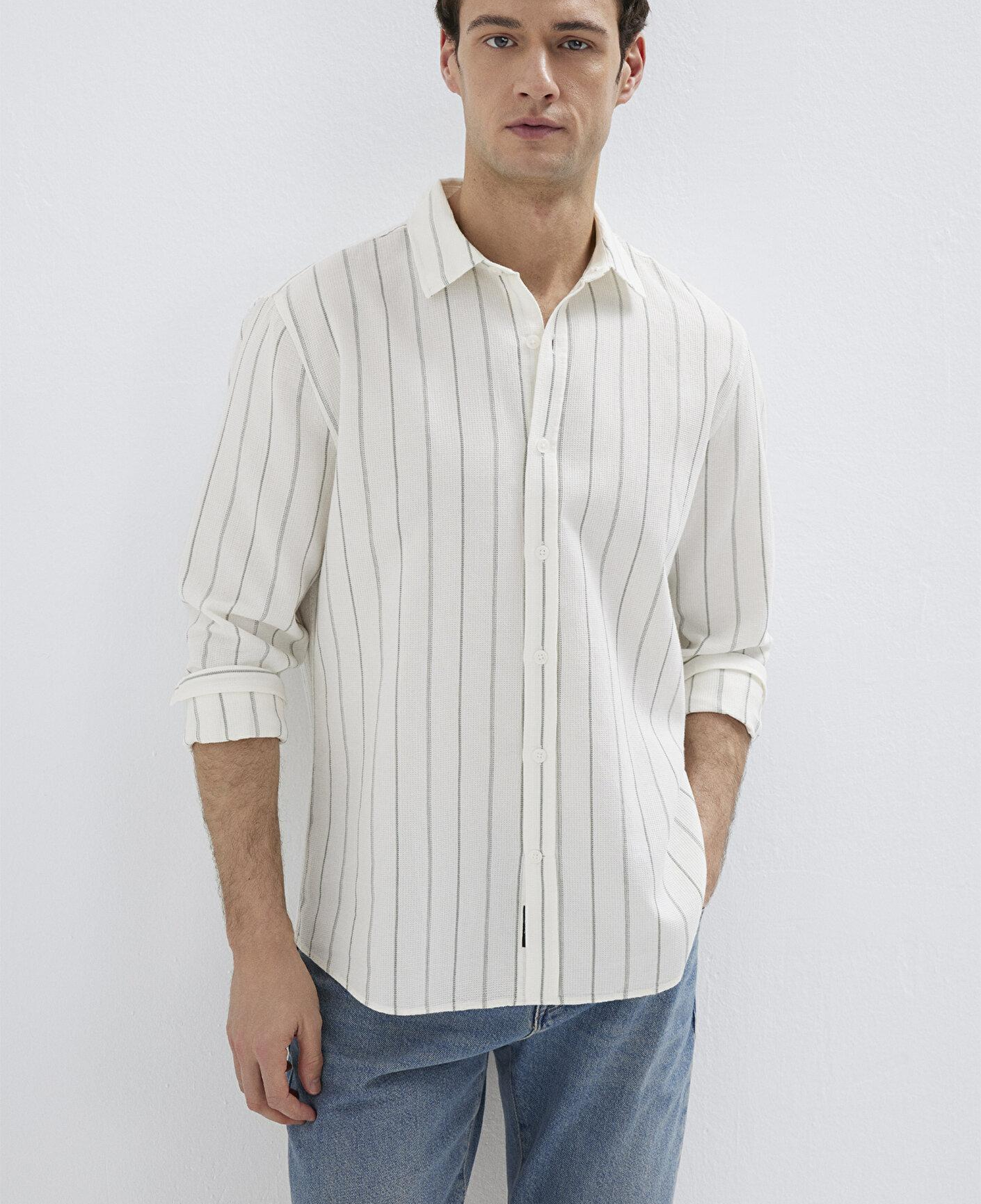 Mavi Haki Çizgili Ekru Gömlek Regular Fit / Normal Kesim 0211384-80692