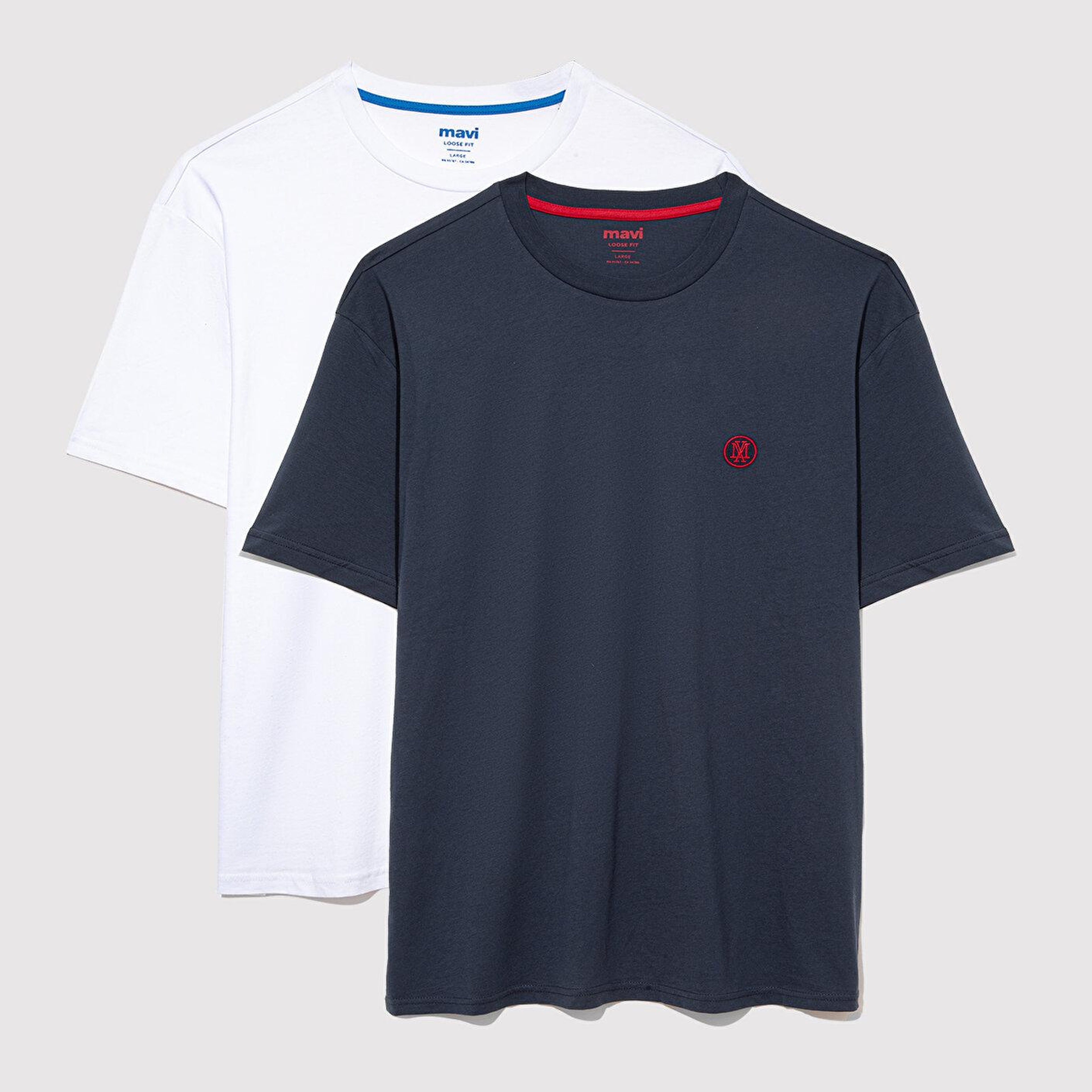 Mavi 2li Mavi Mühür Logo İşlemeli Erkek Tişört Loose Fit / Bol Rahat Kesim 0612545-620