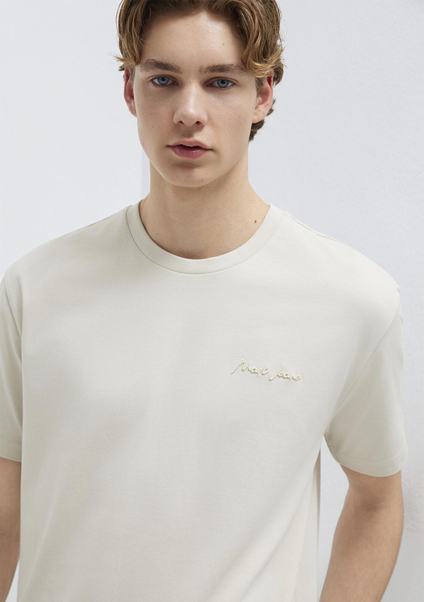 Mavi Mavi Jeans Nakışlı Ekru Basic tişört Loose Fit / Bol Rahat Kesim 0612733-70134
