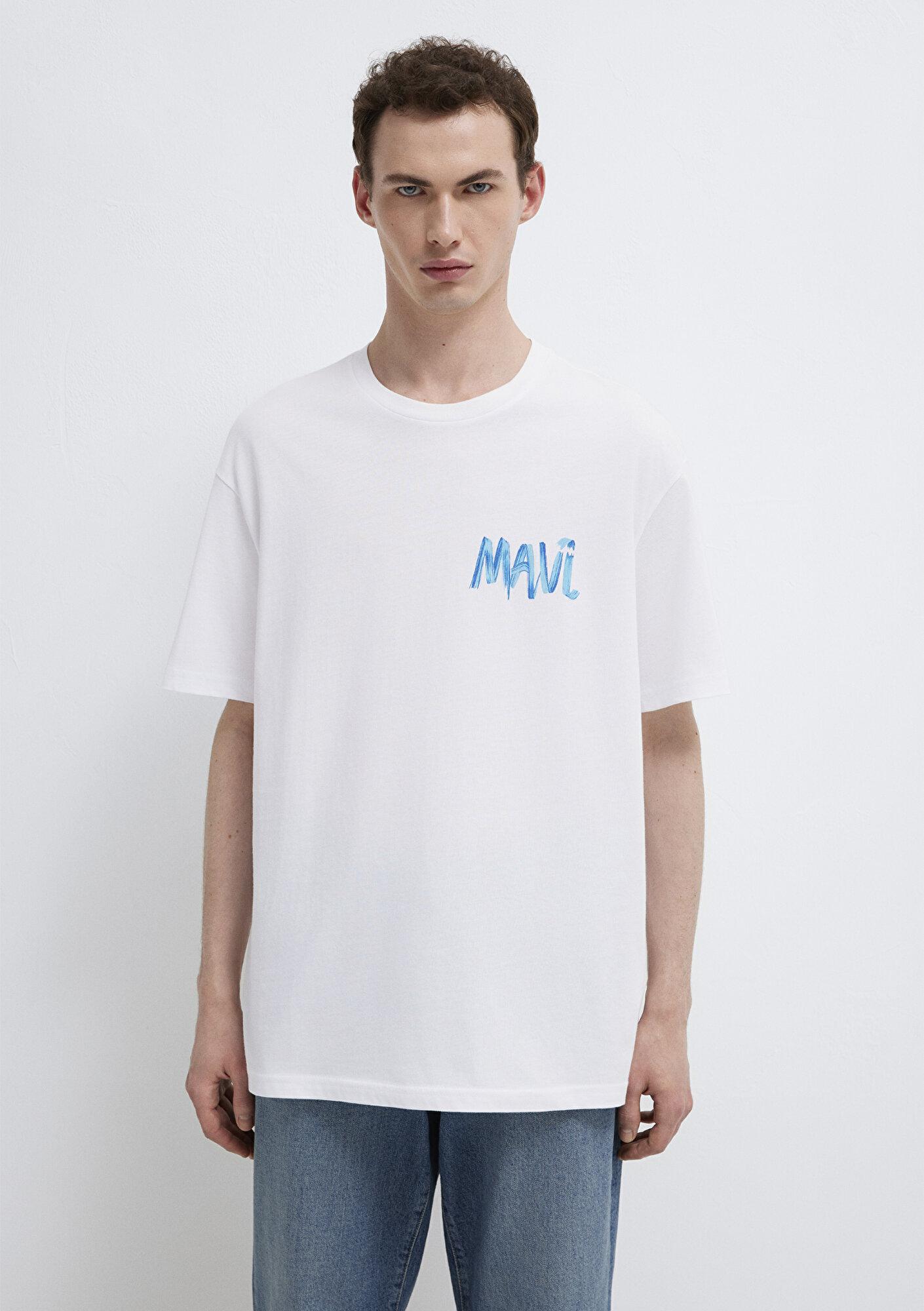 Mavi Mavi Baskılı Beyaz Tişört Loose Fit / Bol Rahat Kesim 0612468-620