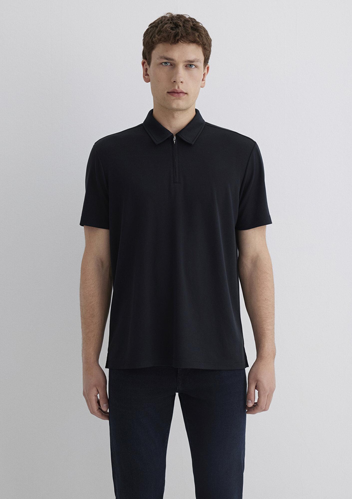 Mavi Soft-Premium Siyah (TENCEL™) Modal Karışımlı Yarı Fermuarlı Polo Tişört Regular Fit / Normal Kesim 0613007-900