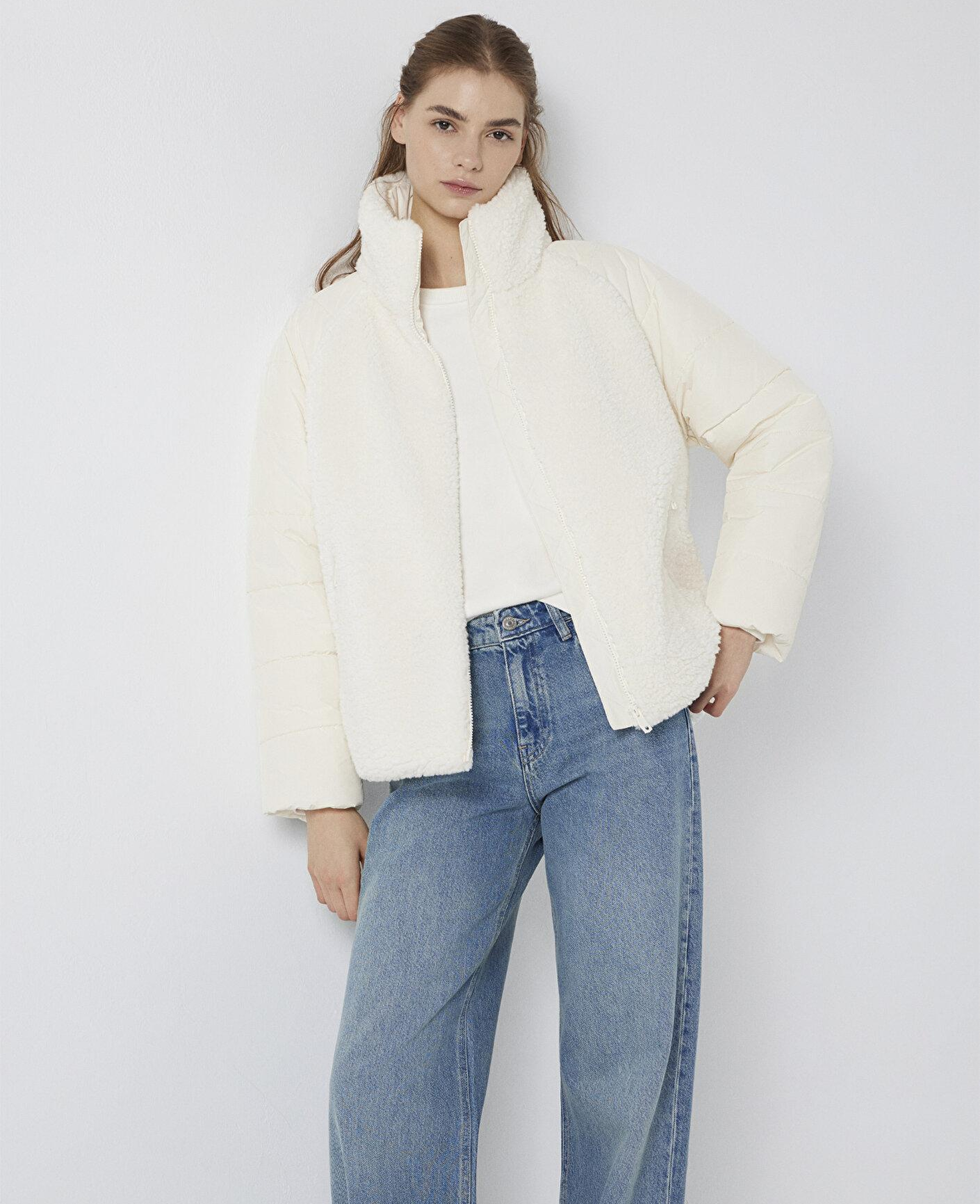 Mavi Dik Yaka Ekru Sherpa Ceket Loose Fit / Bol Rahat Kesim 1110818-80194