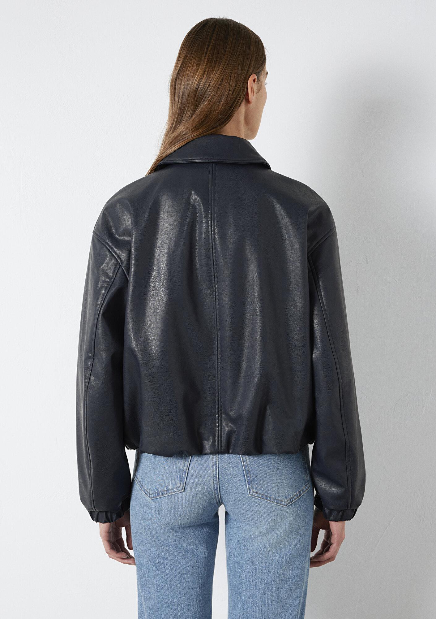 Mavi Lacivert Suni Deri Ceket Oversize / Geniş Kesim 1110614-90372