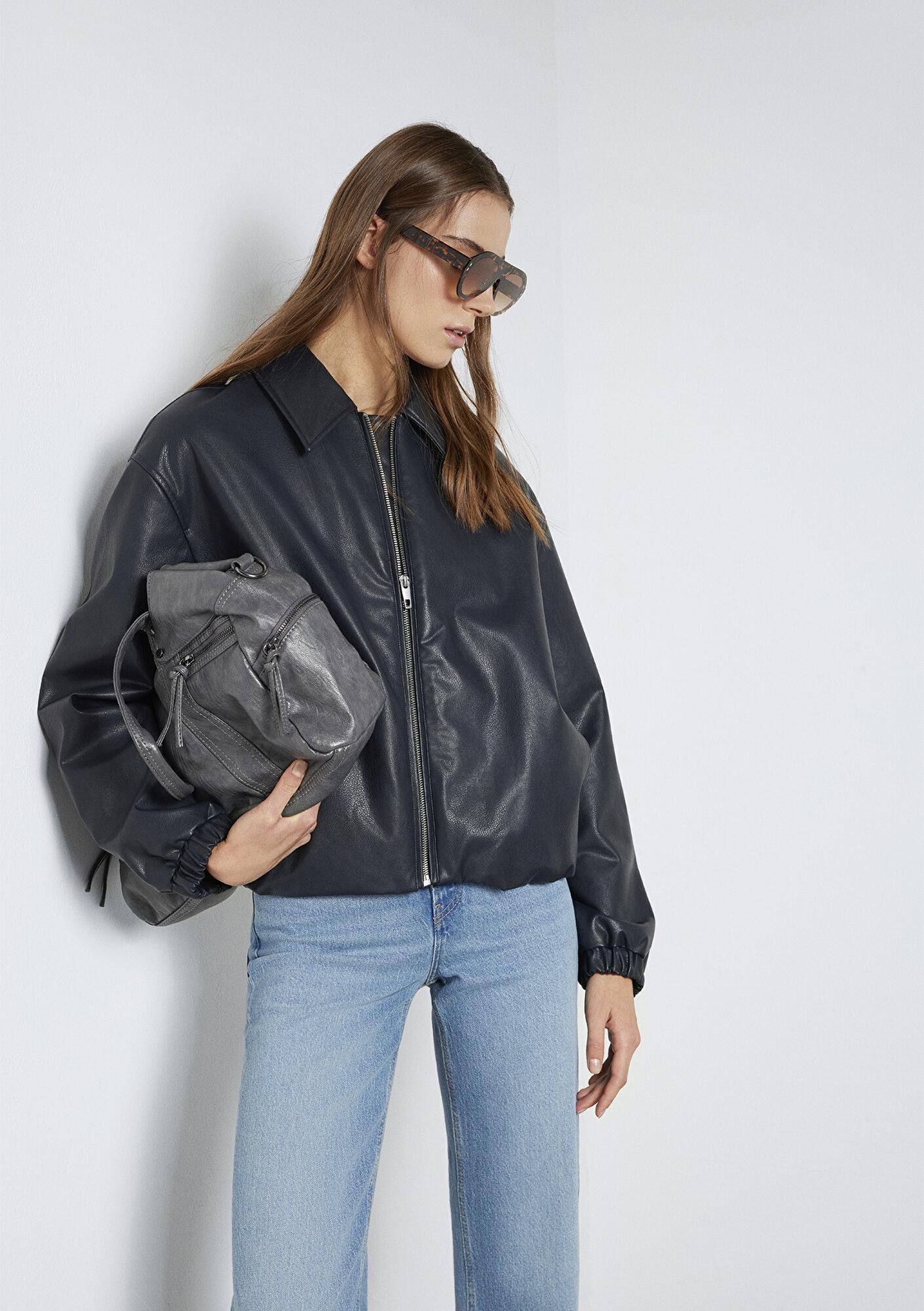 Mavi Lacivert Suni Deri Ceket Oversize / Geniş Kesim 1110614-90372