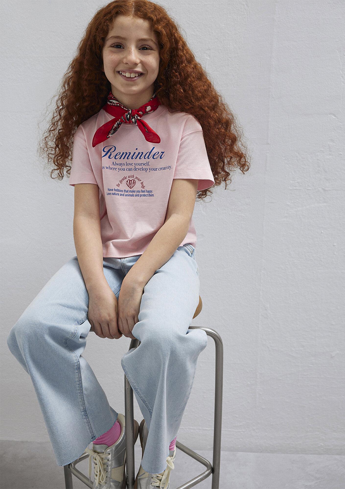 Mavi Baskılı Pembe Tişört Loose Fit / Bol Rahat Kesim 7610398-71007