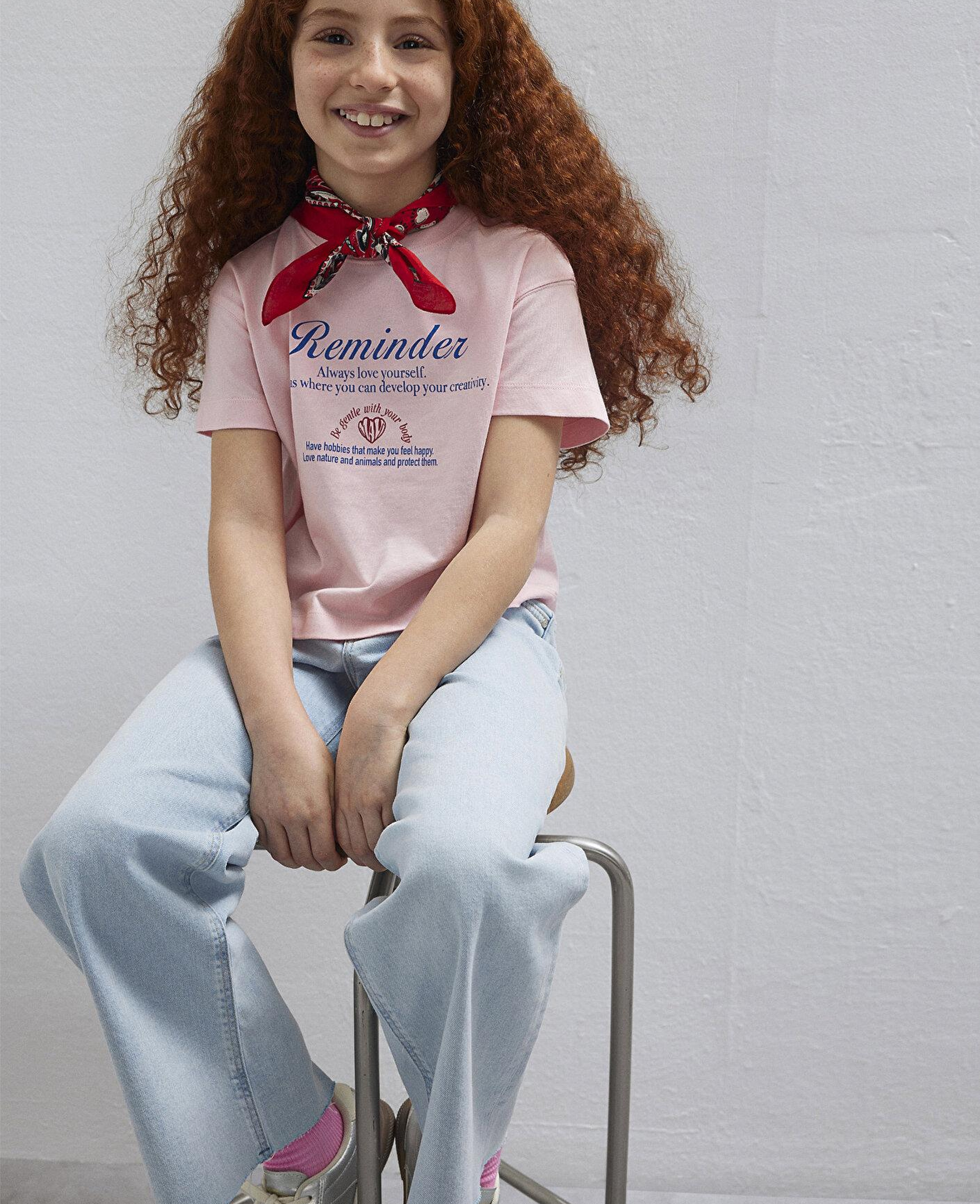 Mavi Baskılı Pembe Tişört Loose Fit / Bol Rahat Kesim 7610398-71007