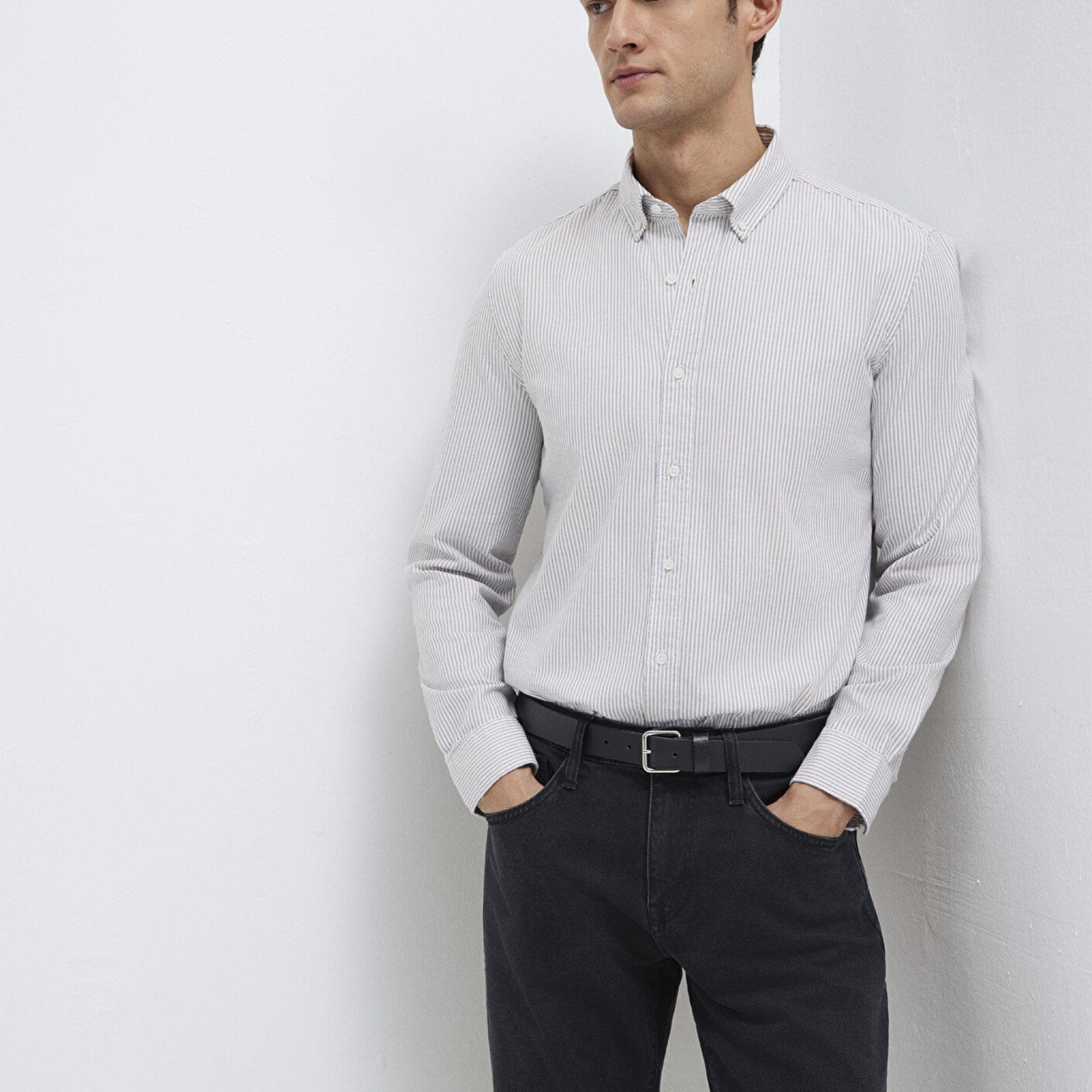 Mavi Gri Çizgili Beyaz Gömlek Slim Fit / Dar Kesim 0211916-91472