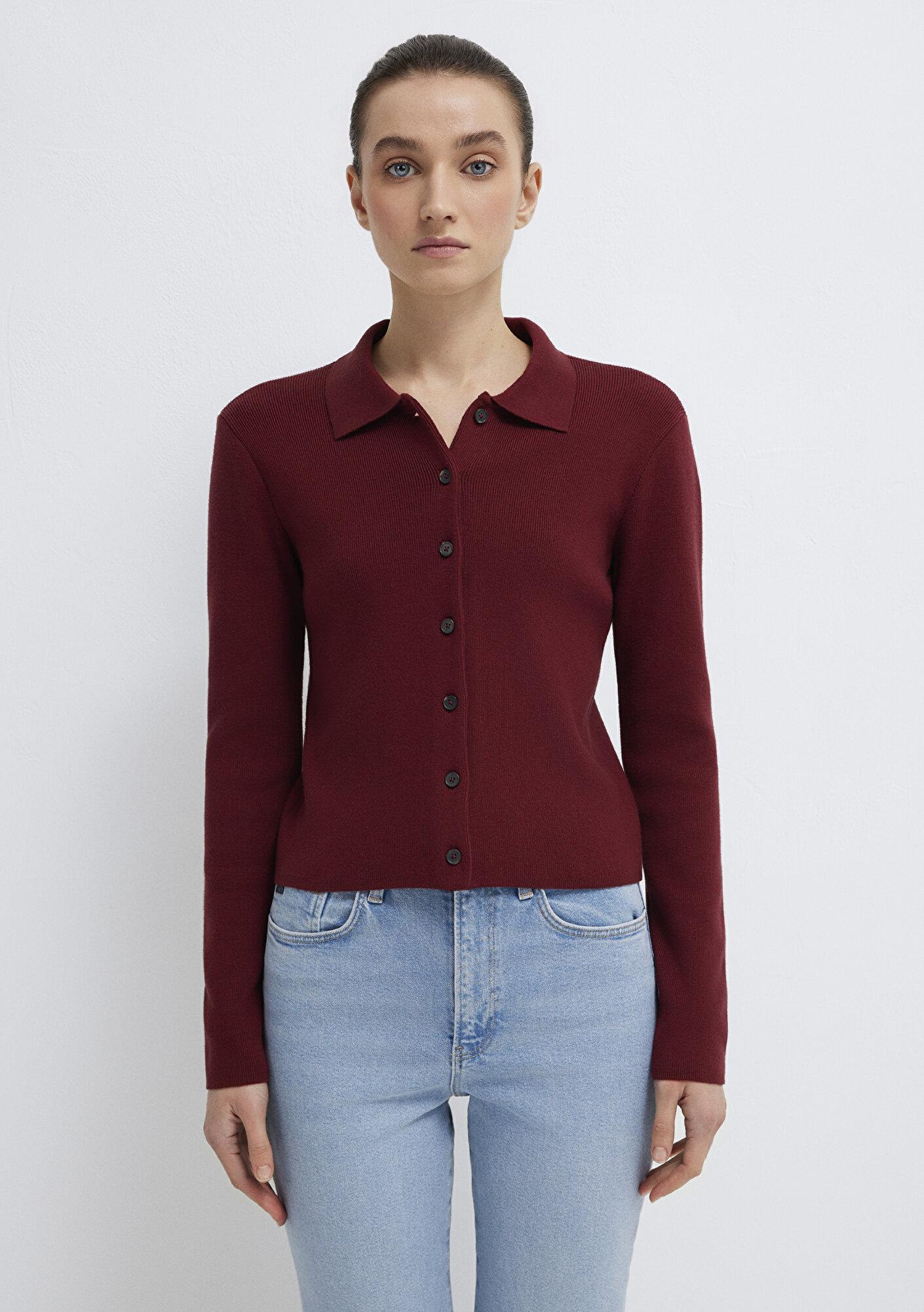 Mavi Polo Yaka Bordo Hırka Fitted / Vücuda Oturan Kesim 1710586-70431