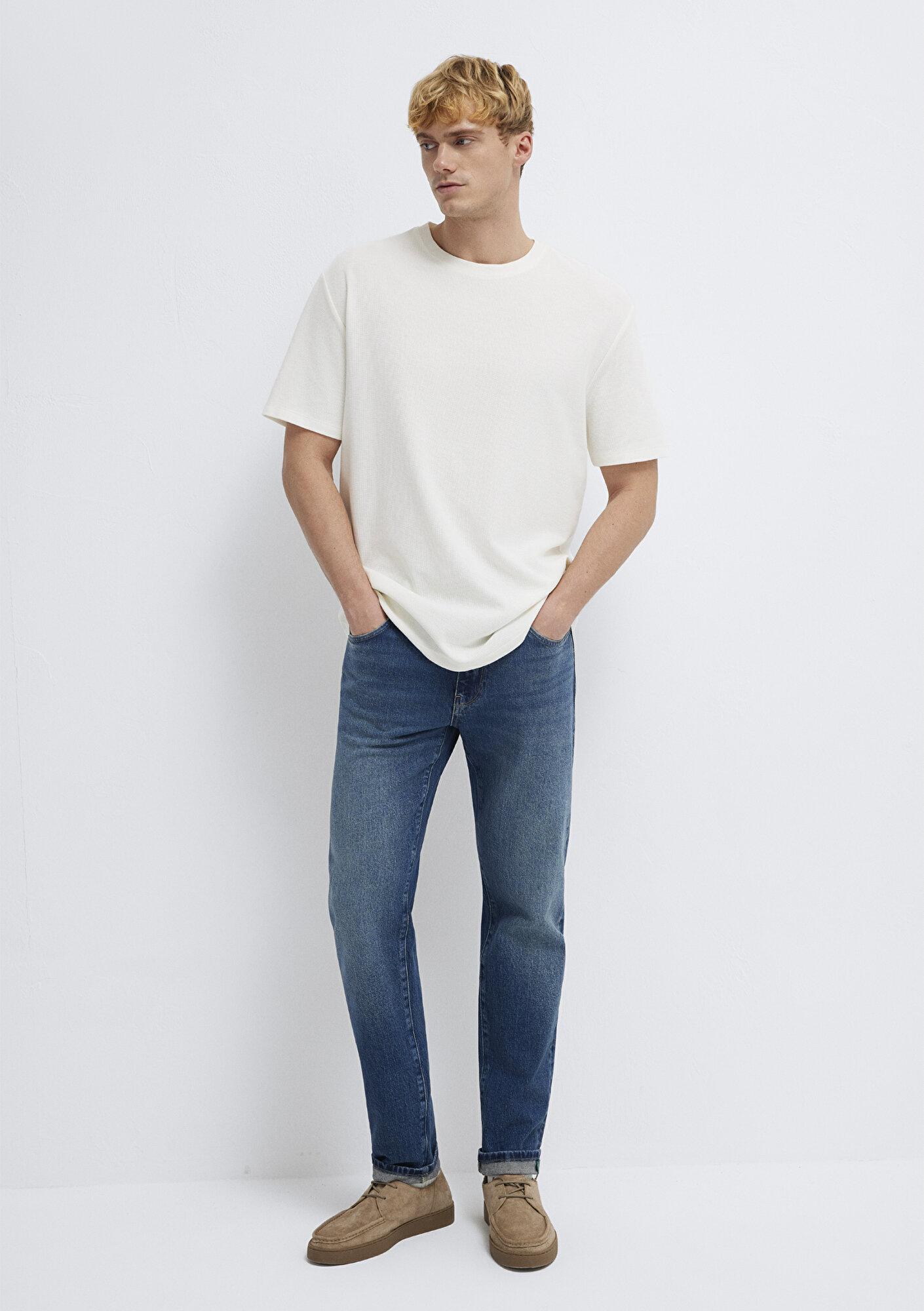 Mavi Ekru Basic Tişört Loose Fit / Bol Rahat Kesim 0613153-70056