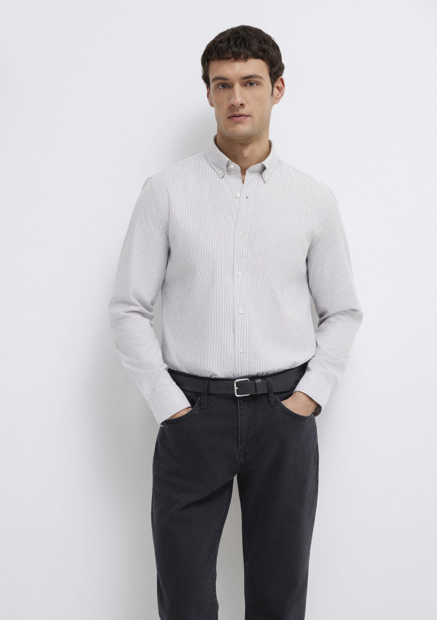 Mavi Gri Çizgili Beyaz Gömlek Slim Fit / Dar Kesim 0211916-91472