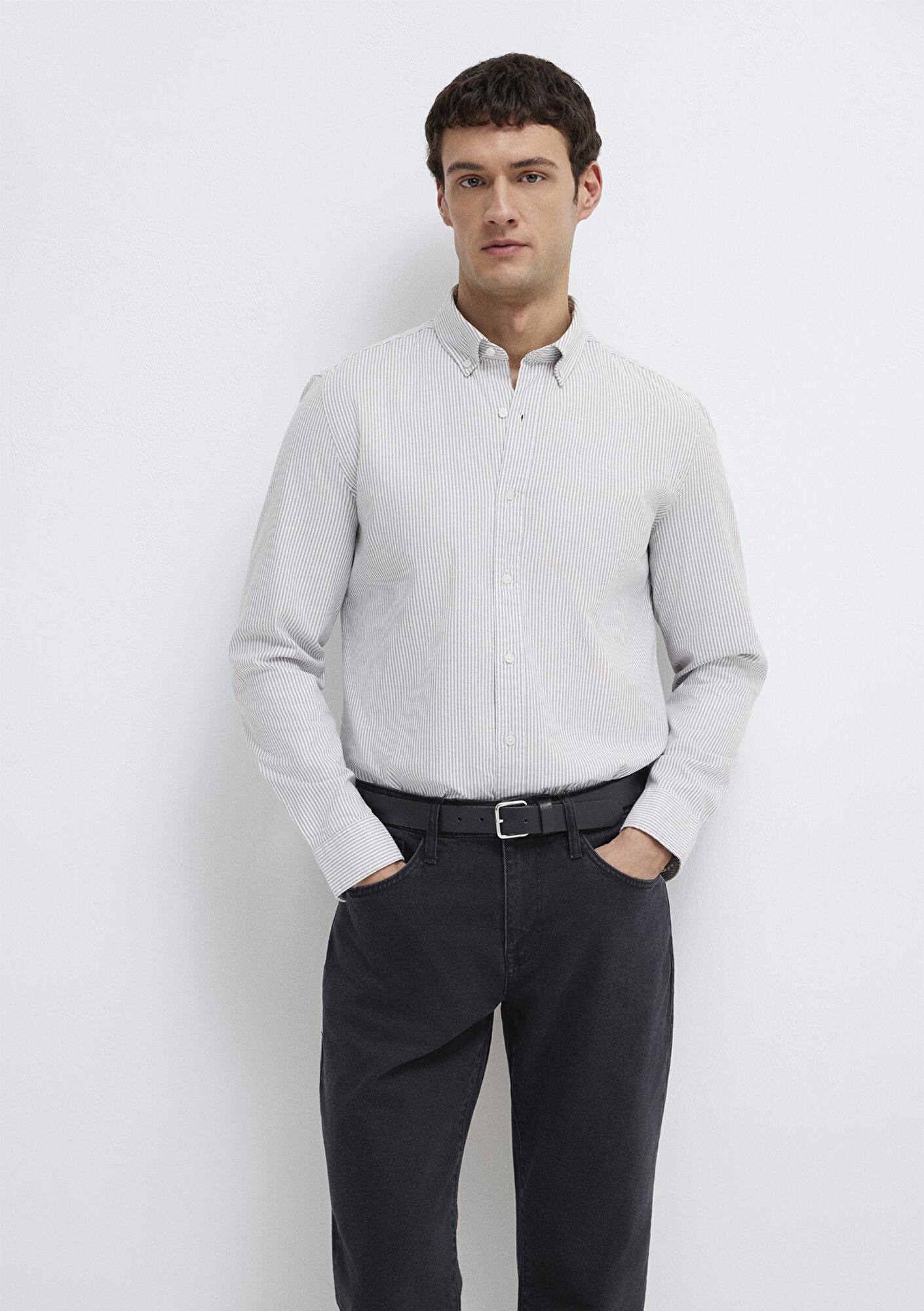Mavi Gri Çizgili Beyaz Gömlek Slim Fit / Dar Kesim 0211916-91472