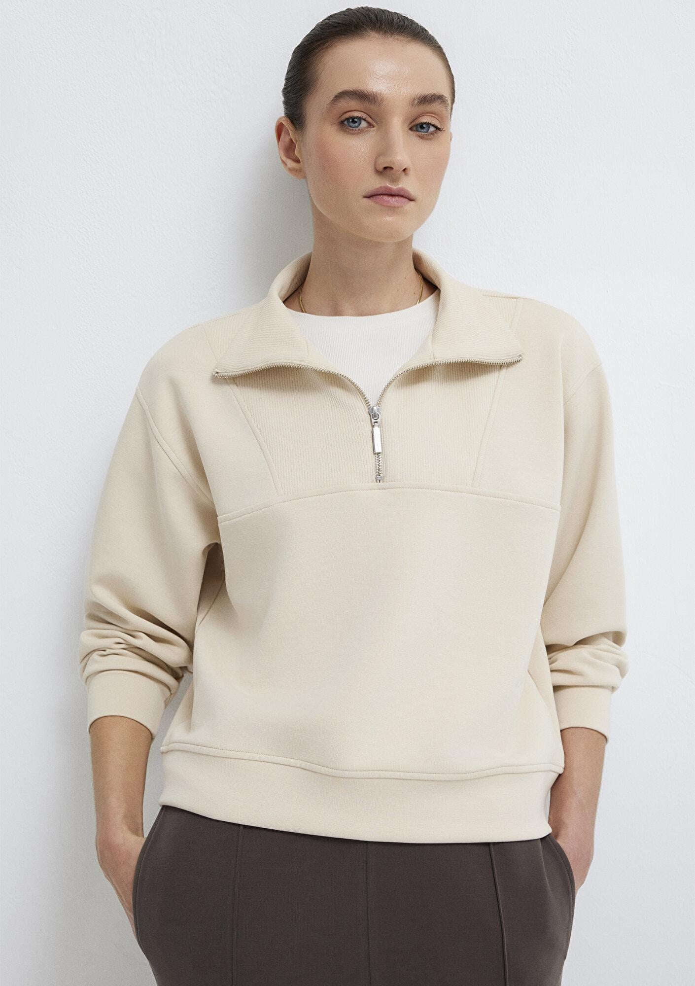 Mavi Yarı Fermuarlı Ekru (TENCEL™) Modal Karışımlı Sweatshirt 1S10488-70005