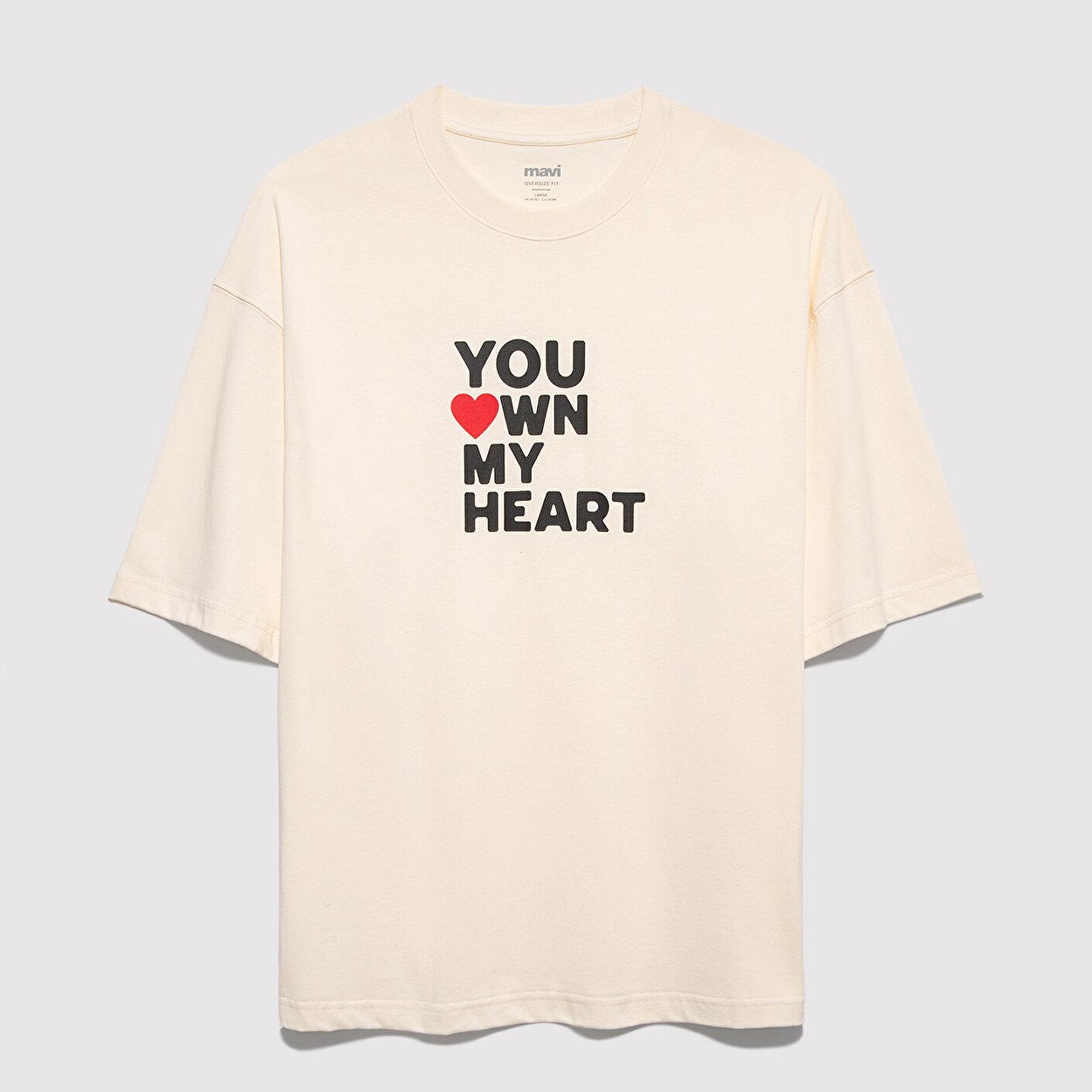 Mavi You Own My Heart Baskılı Ekru Tişört Oversize / Geniş Kesim 0613253-83043