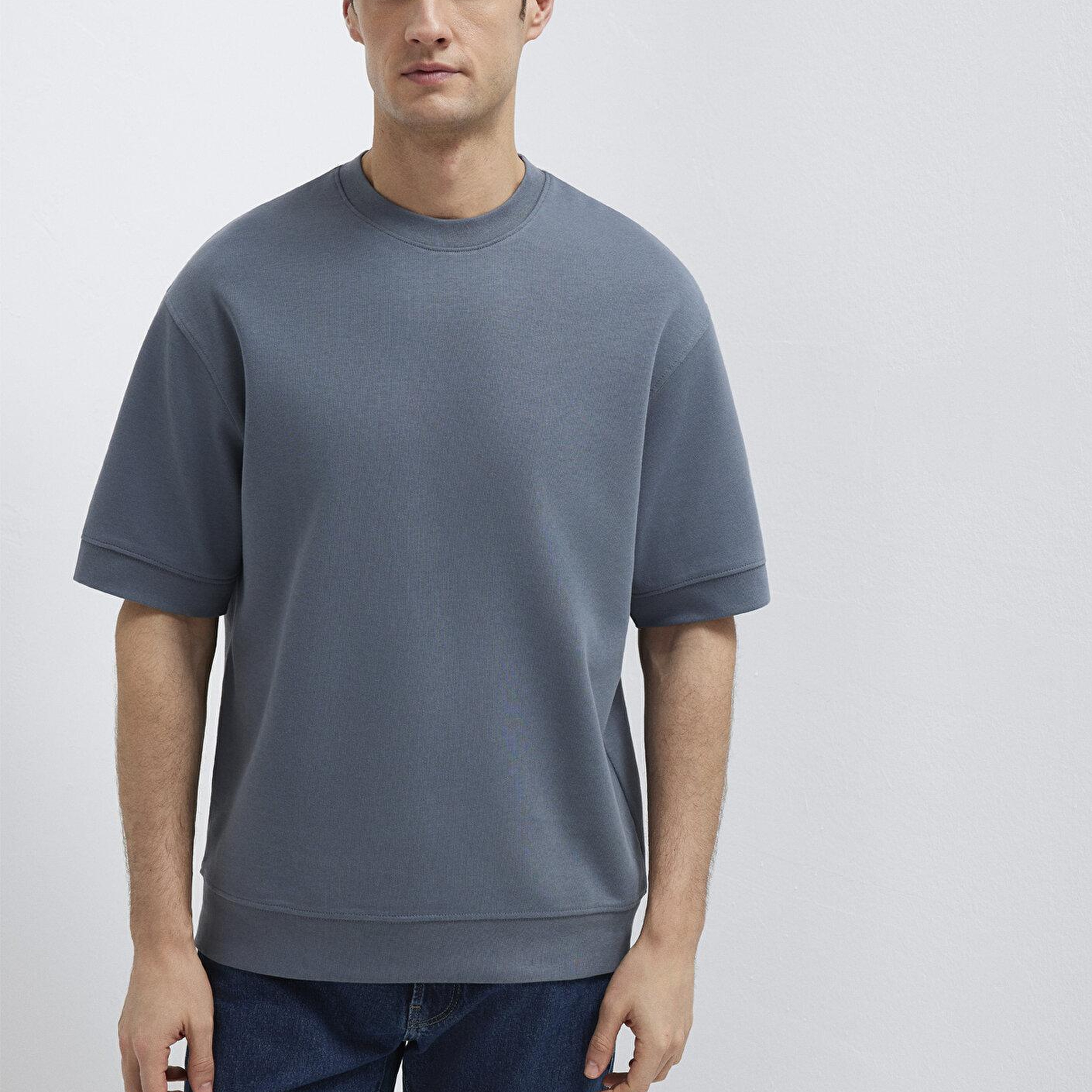 Mavi Bisiklet Yaka Mavi Tişört Loose Fit / Bol Rahat Kesim 0611614-80776