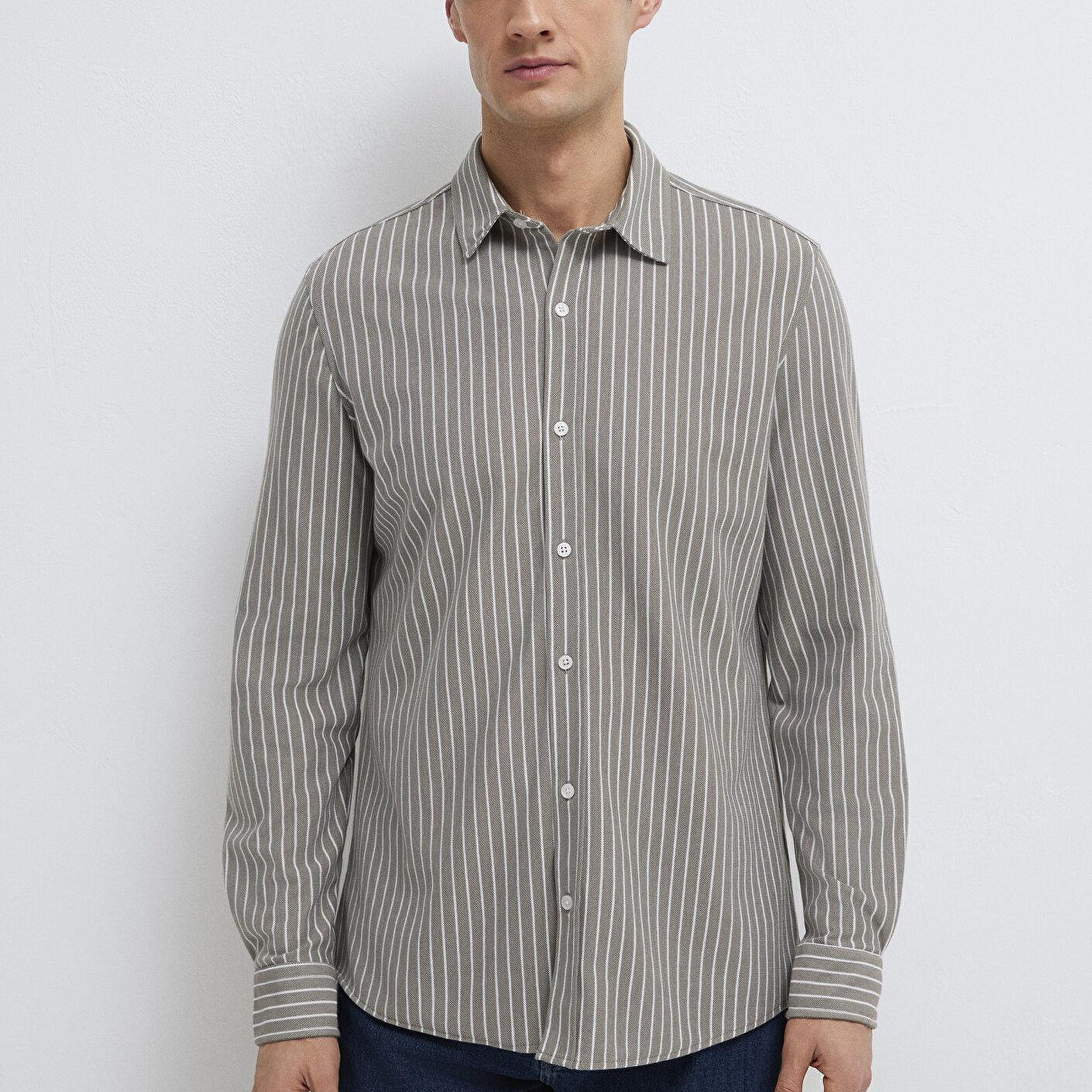Mavi Çizgili Gri Gömlek Slim Fit / Dar Kesim 0211404-91582