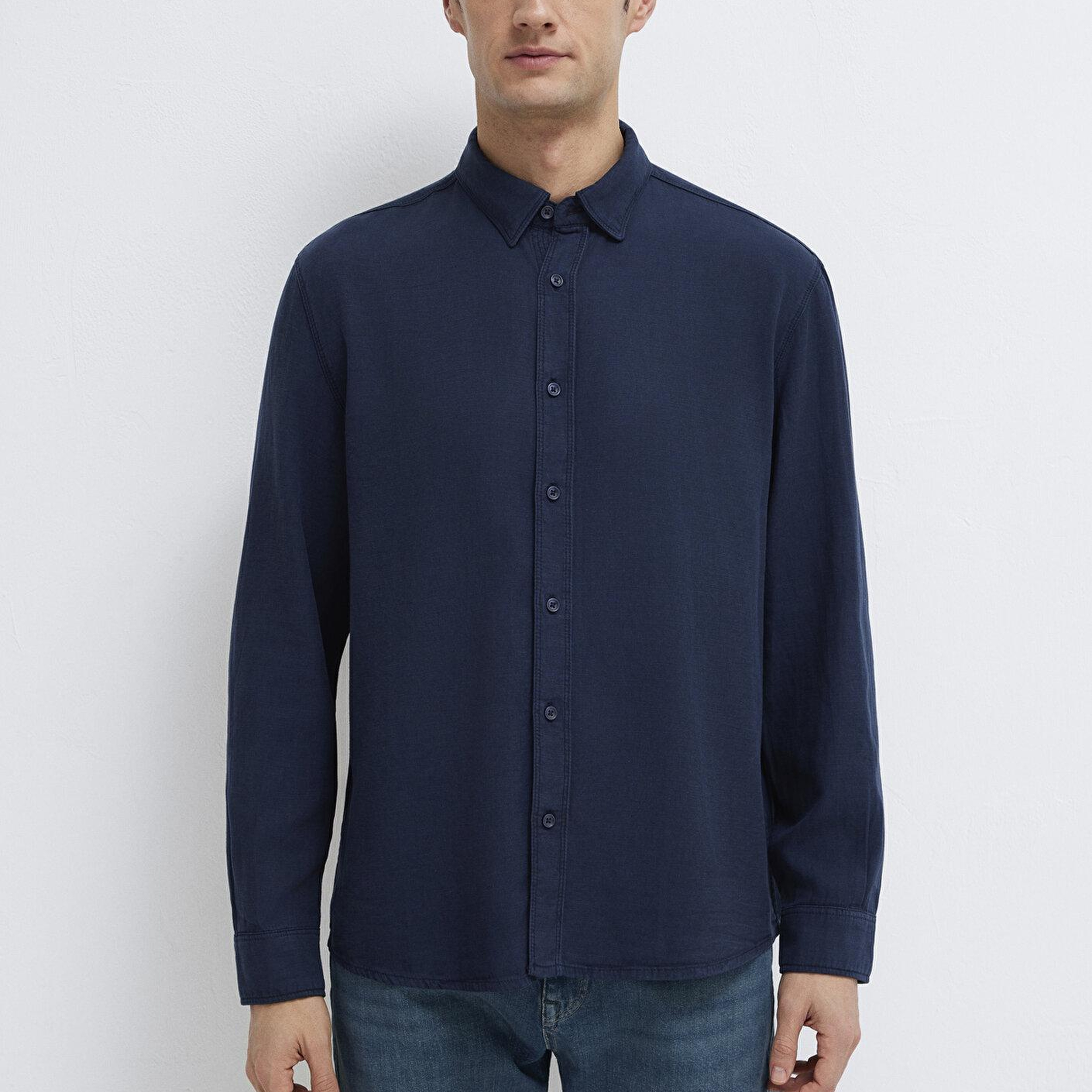 Mavi Keten Karışımlı Lacivert (TENCEL™)  Liyosel Gömlek Regular Fit / Normal Kesim 0211482-70490