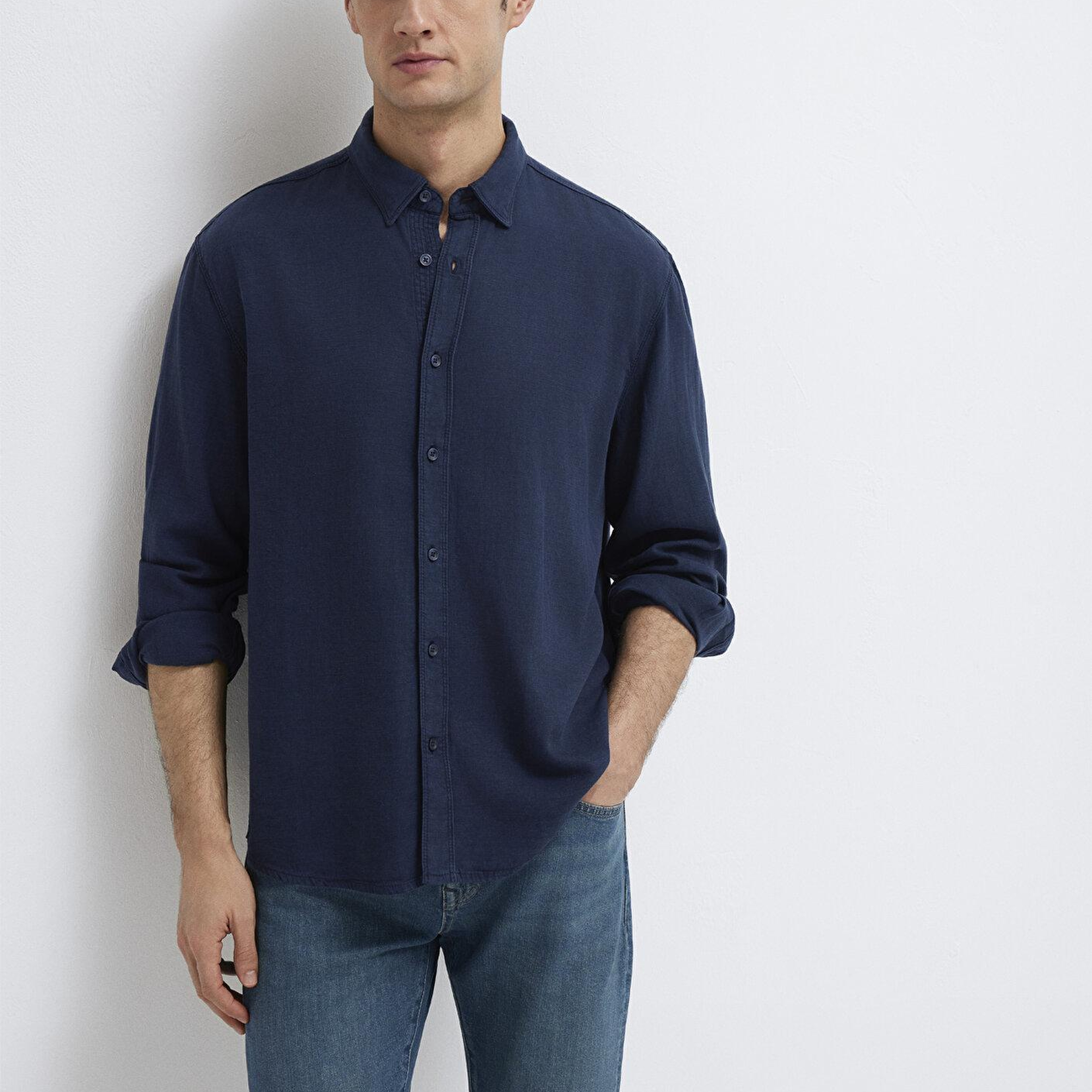 Mavi Keten Karışımlı Lacivert (TENCEL™)  Liyosel Gömlek Regular Fit / Normal Kesim 0211482-70490