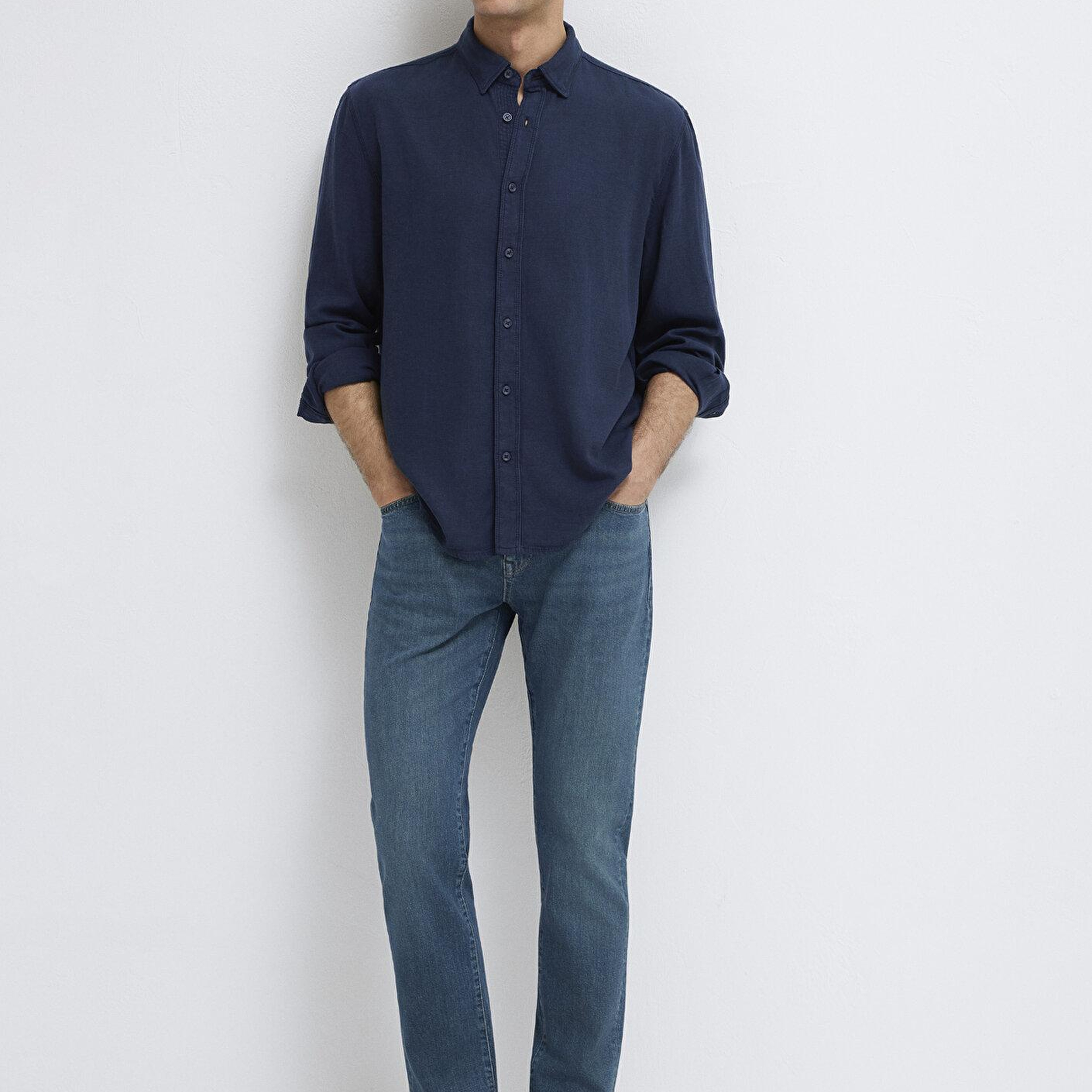 Mavi Keten Karışımlı Lacivert (TENCEL™)  Liyosel Gömlek Regular Fit / Normal Kesim 0211482-70490